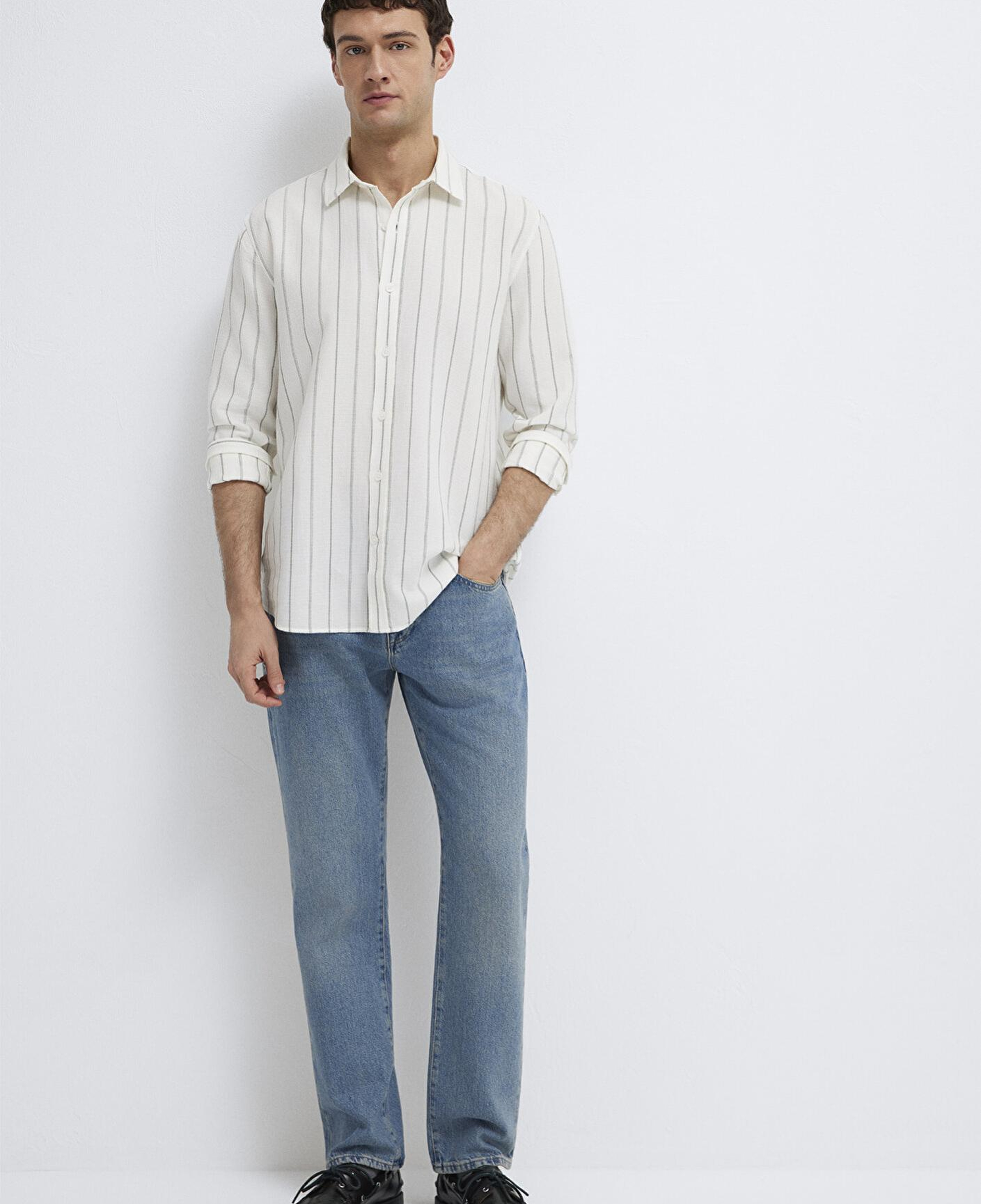 Mavi Haki Çizgili Ekru Gömlek Regular Fit / Normal Kesim 0211384-80692