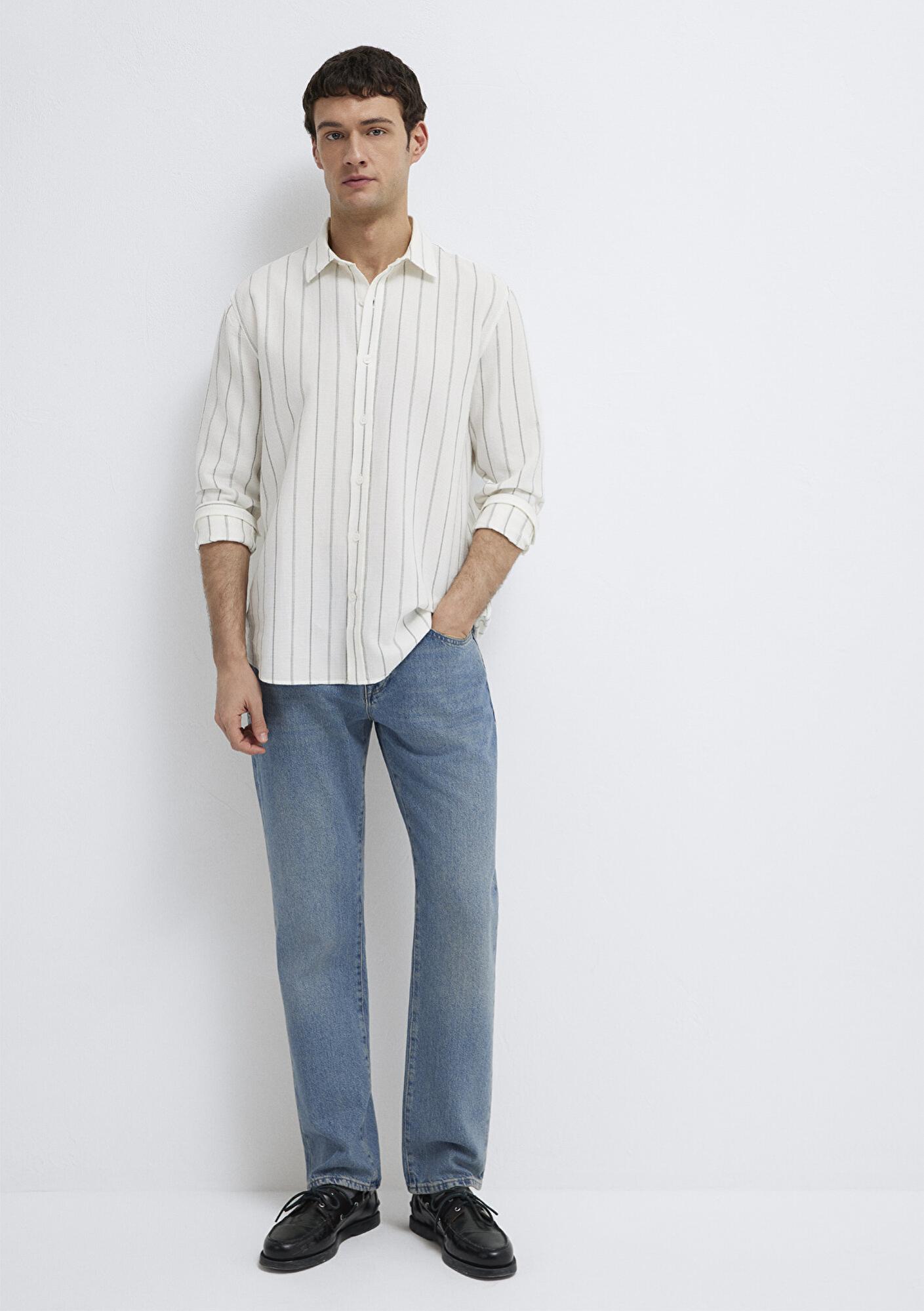 Mavi Haki Çizgili Ekru Gömlek Regular Fit / Normal Kesim 0211384-80692