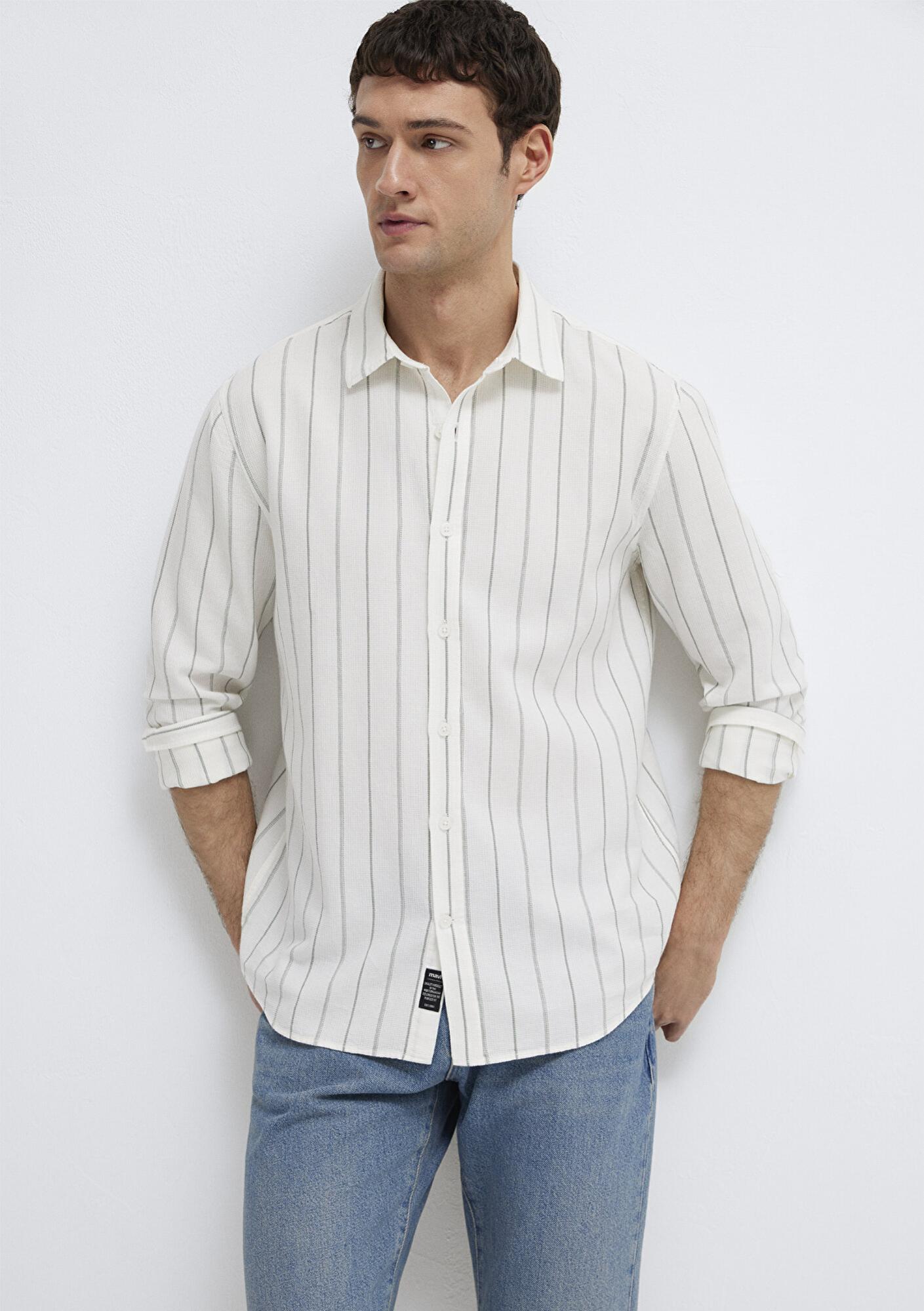 Mavi Haki Çizgili Ekru Gömlek Regular Fit / Normal Kesim 0211384-80692