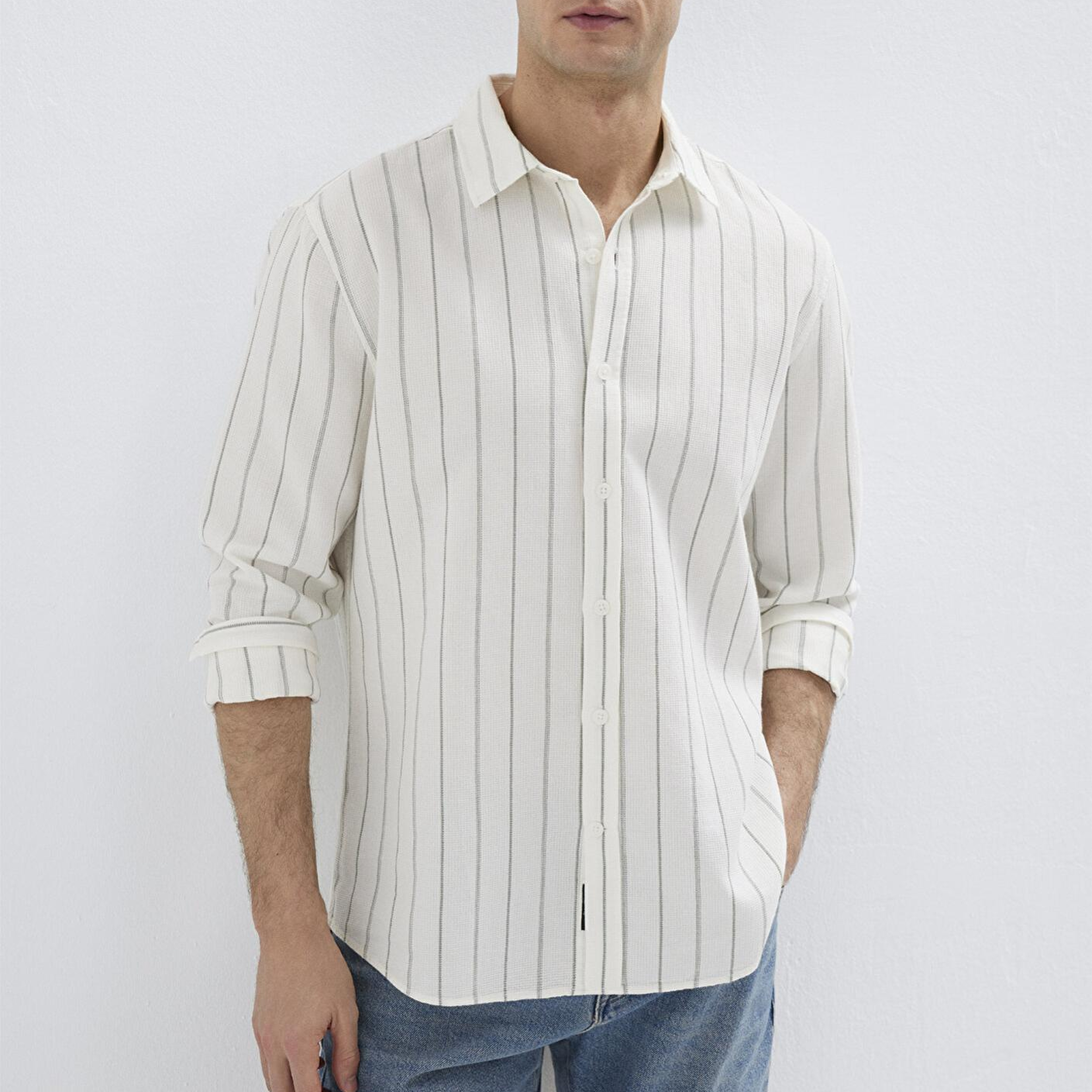 Mavi Haki Çizgili Ekru Gömlek Regular Fit / Normal Kesim 0211384-80692