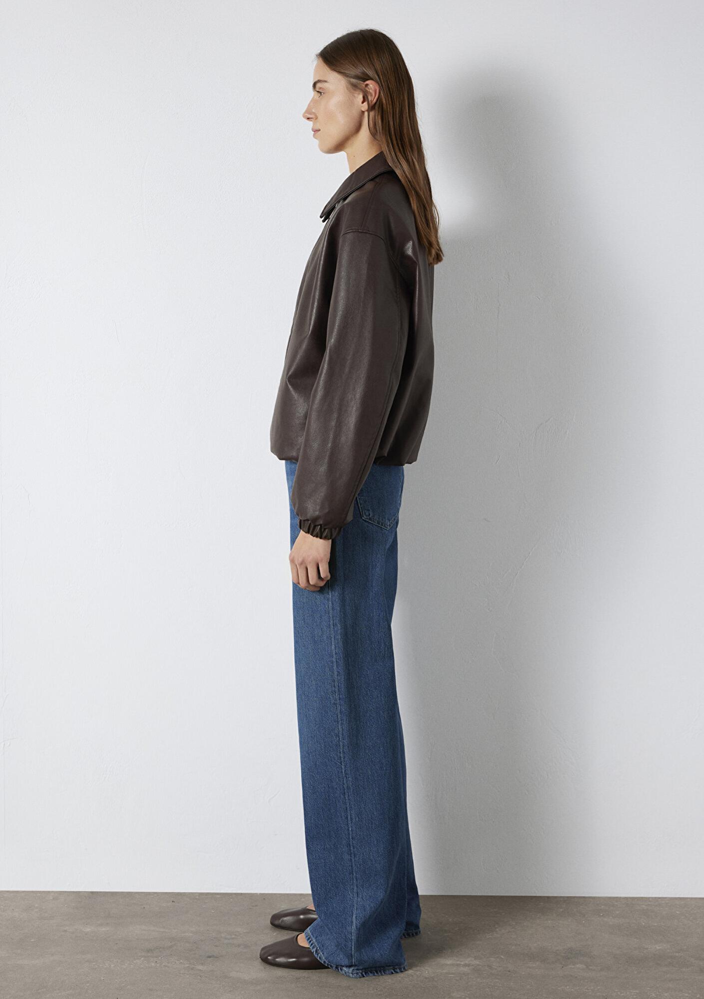 Mavi Kahverengi Suni Deri Ceket Oversize / Geniş Kesim 1110614-88083