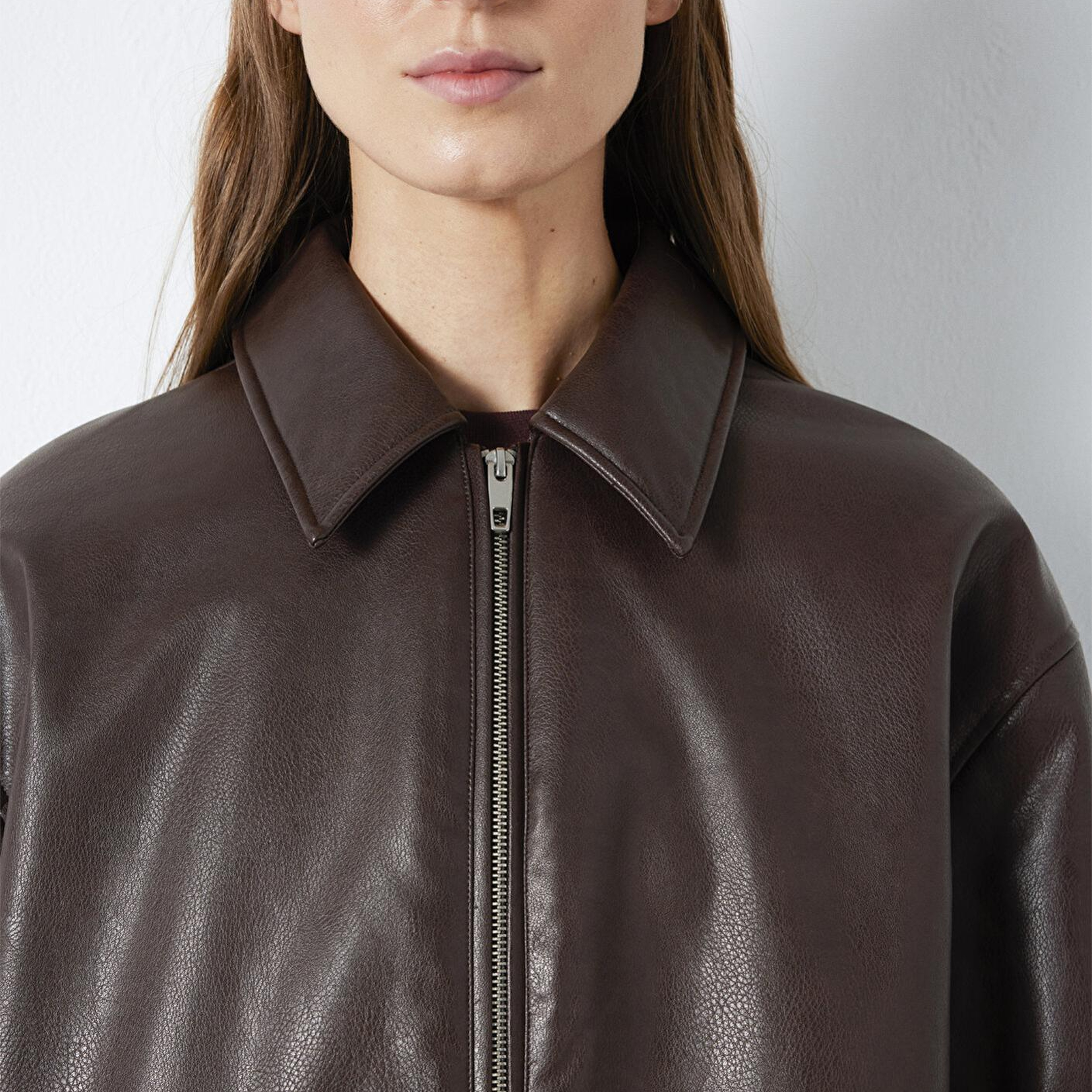 Mavi Kahverengi Suni Deri Ceket Oversize / Geniş Kesim 1110614-88083