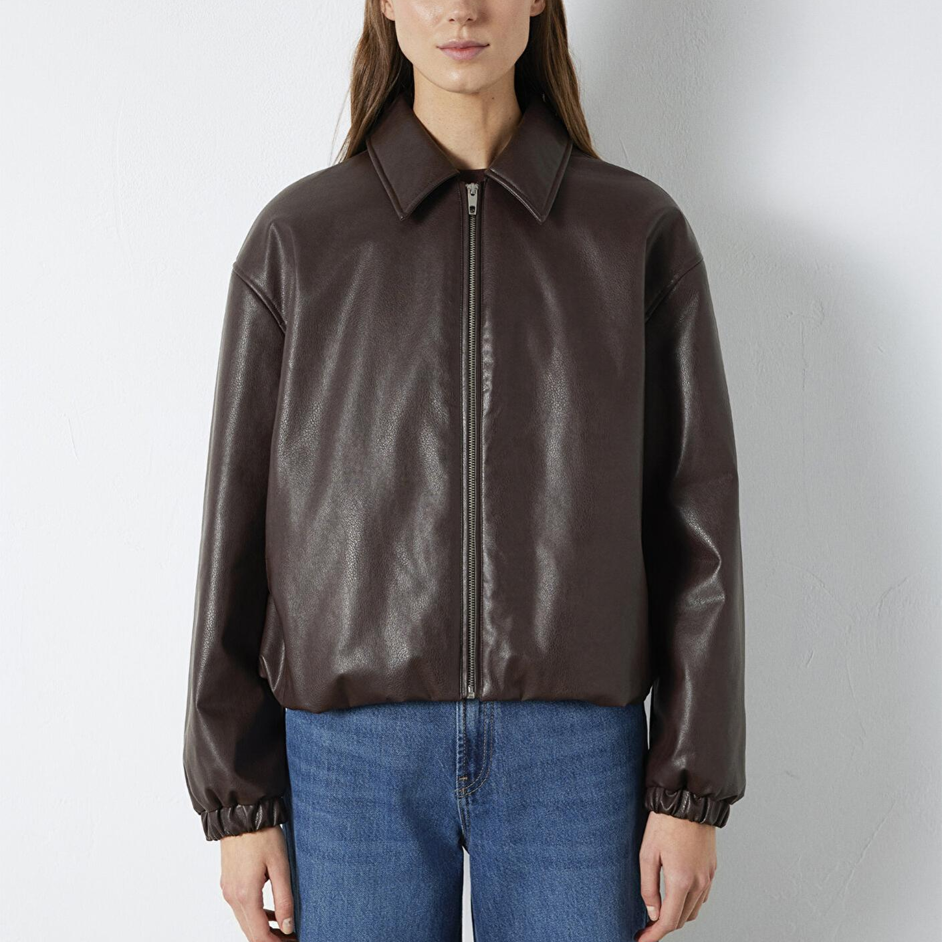 Mavi Kahverengi Suni Deri Ceket Oversize / Geniş Kesim 1110614-88083