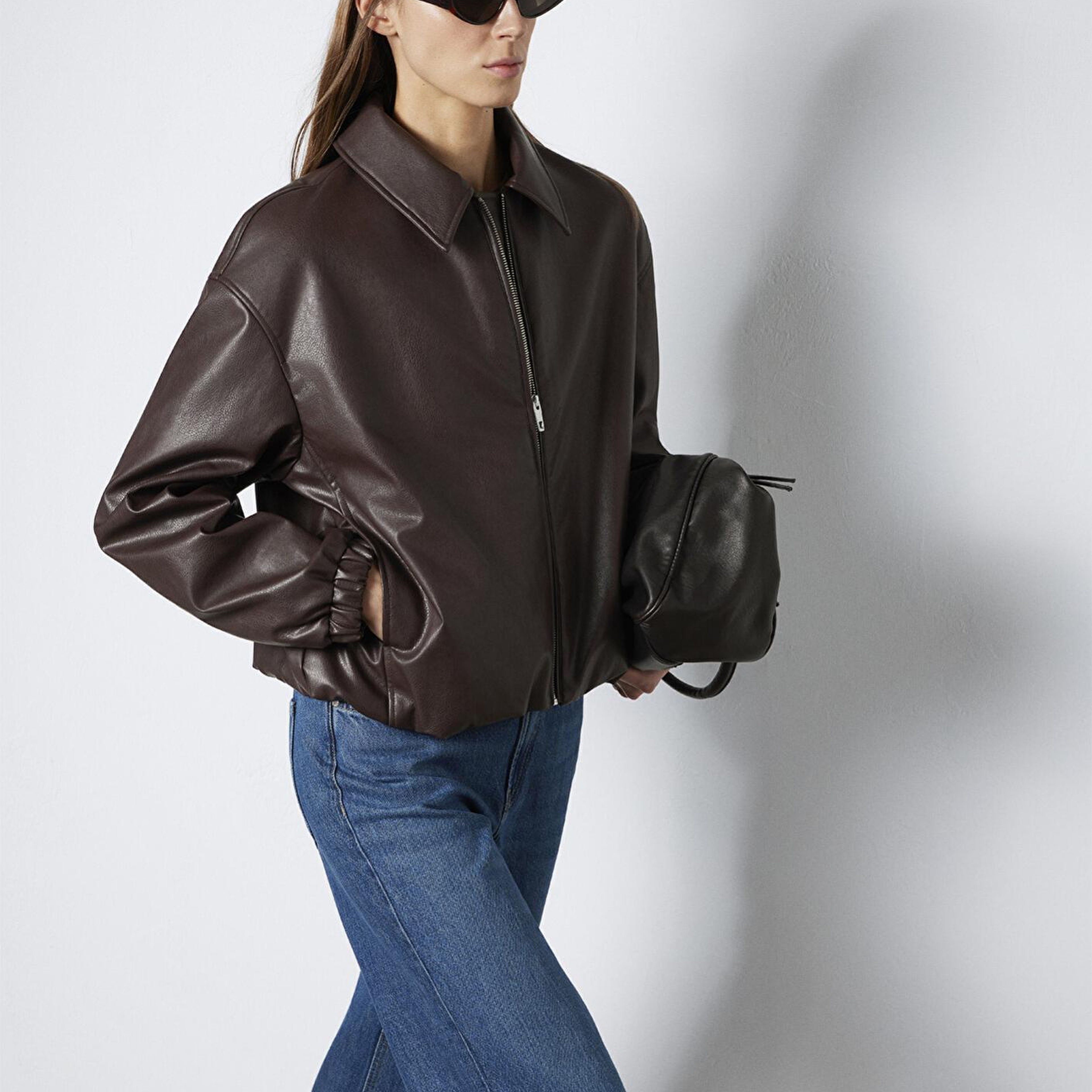 Mavi Kahverengi Suni Deri Ceket Oversize / Geniş Kesim 1110614-88083