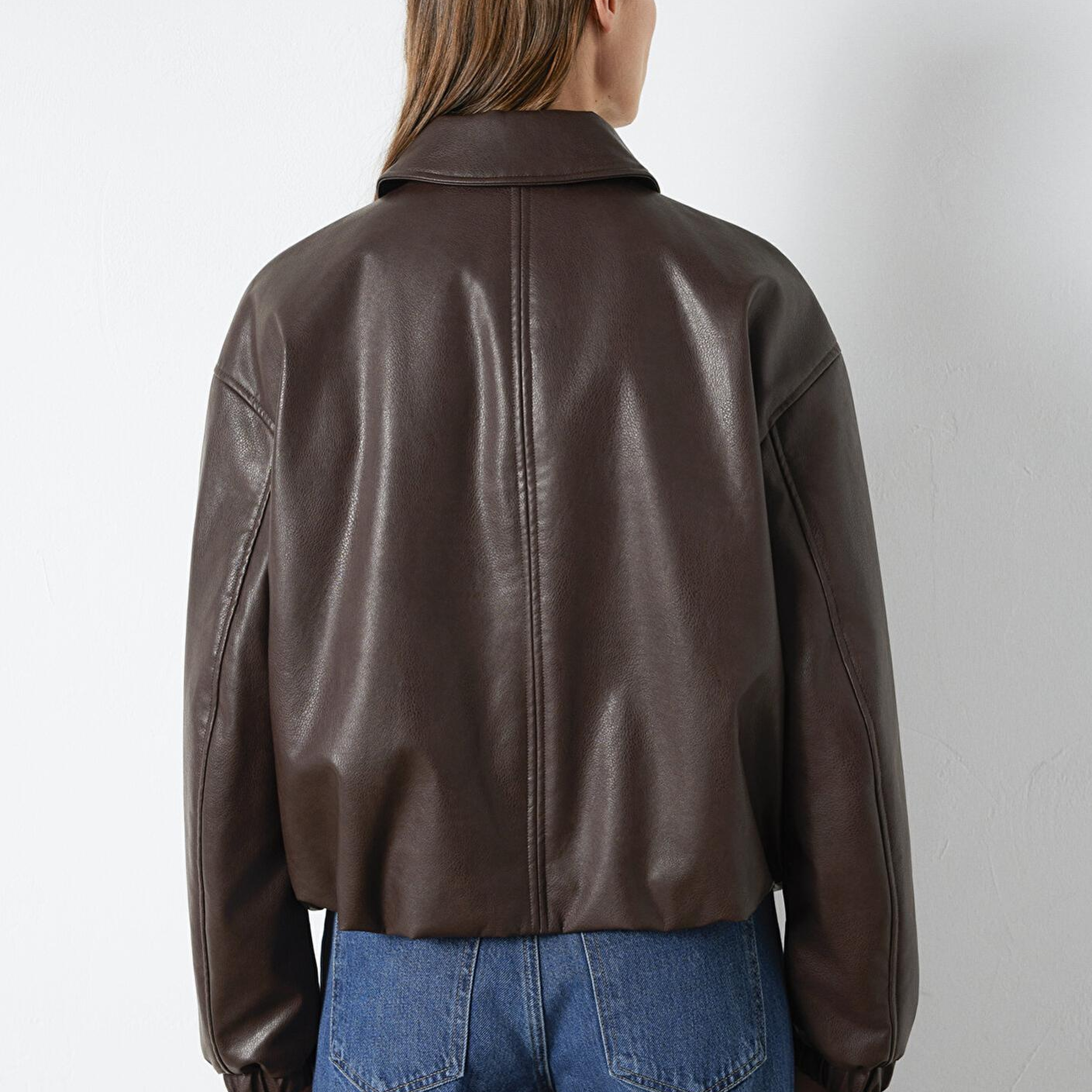 Mavi Kahverengi Suni Deri Ceket Oversize / Geniş Kesim 1110614-88083