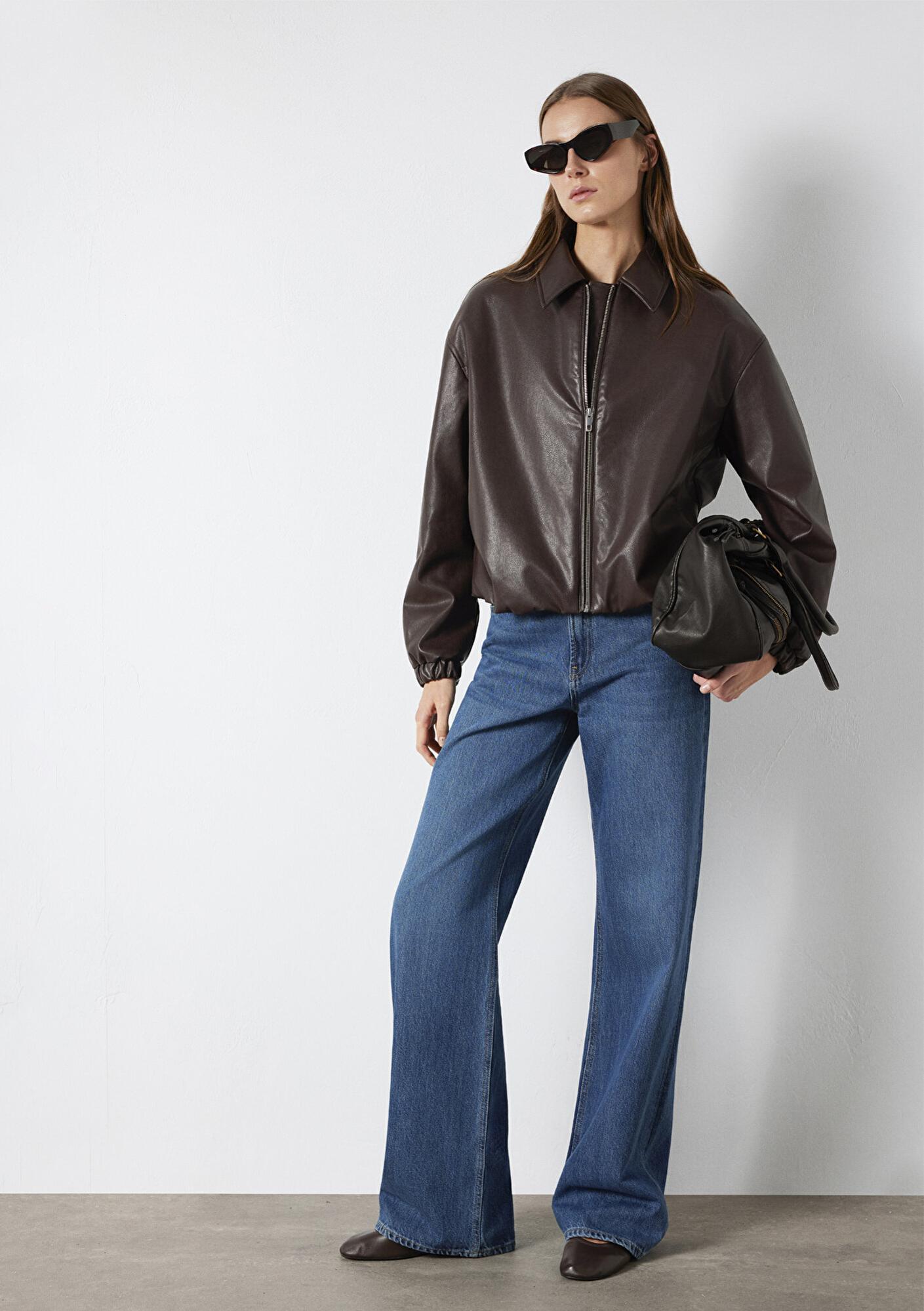 Mavi Kahverengi Suni Deri Ceket Oversize / Geniş Kesim 1110614-88083