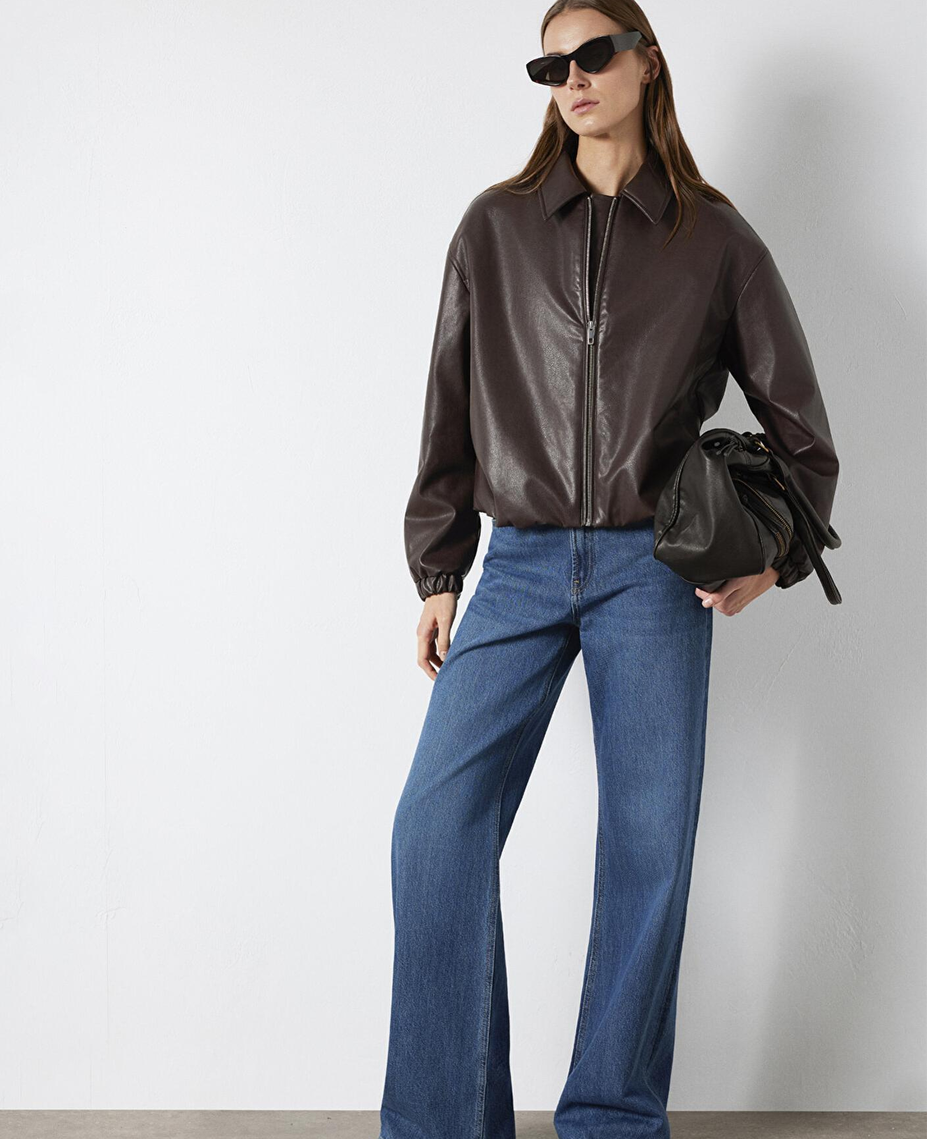 Mavi Kahverengi Suni Deri Ceket Oversize / Geniş Kesim 1110614-88083