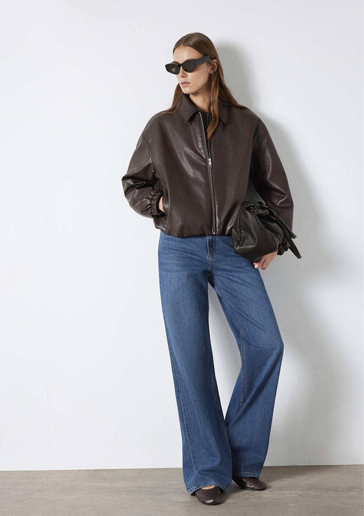 Mavi Kahverengi Suni Deri Ceket Oversize / Geniş Kesim 1110614-88083