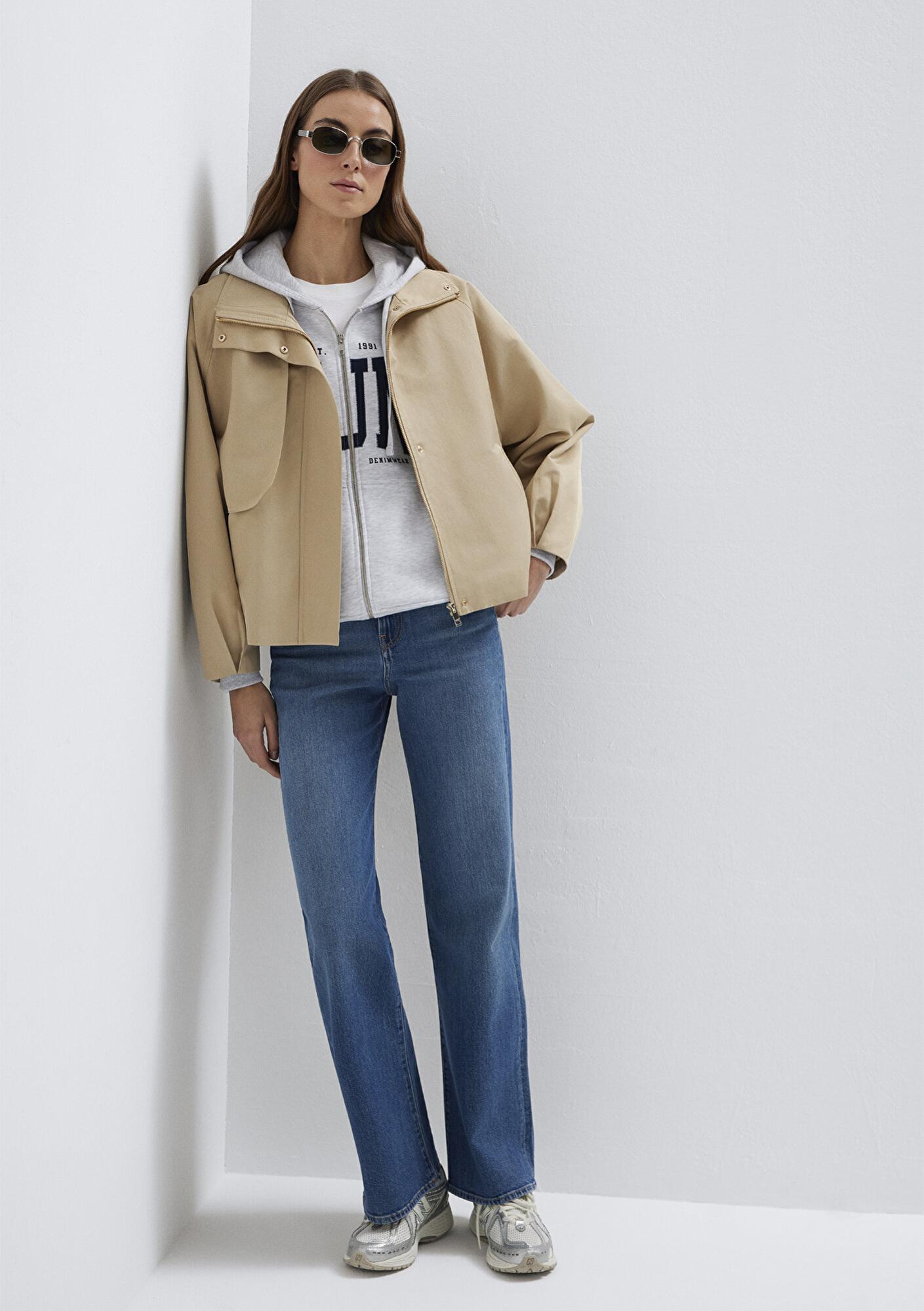 Mavi Dik Yaka Bej Ceket Oversize / Geniş Kesim 1110647-35565