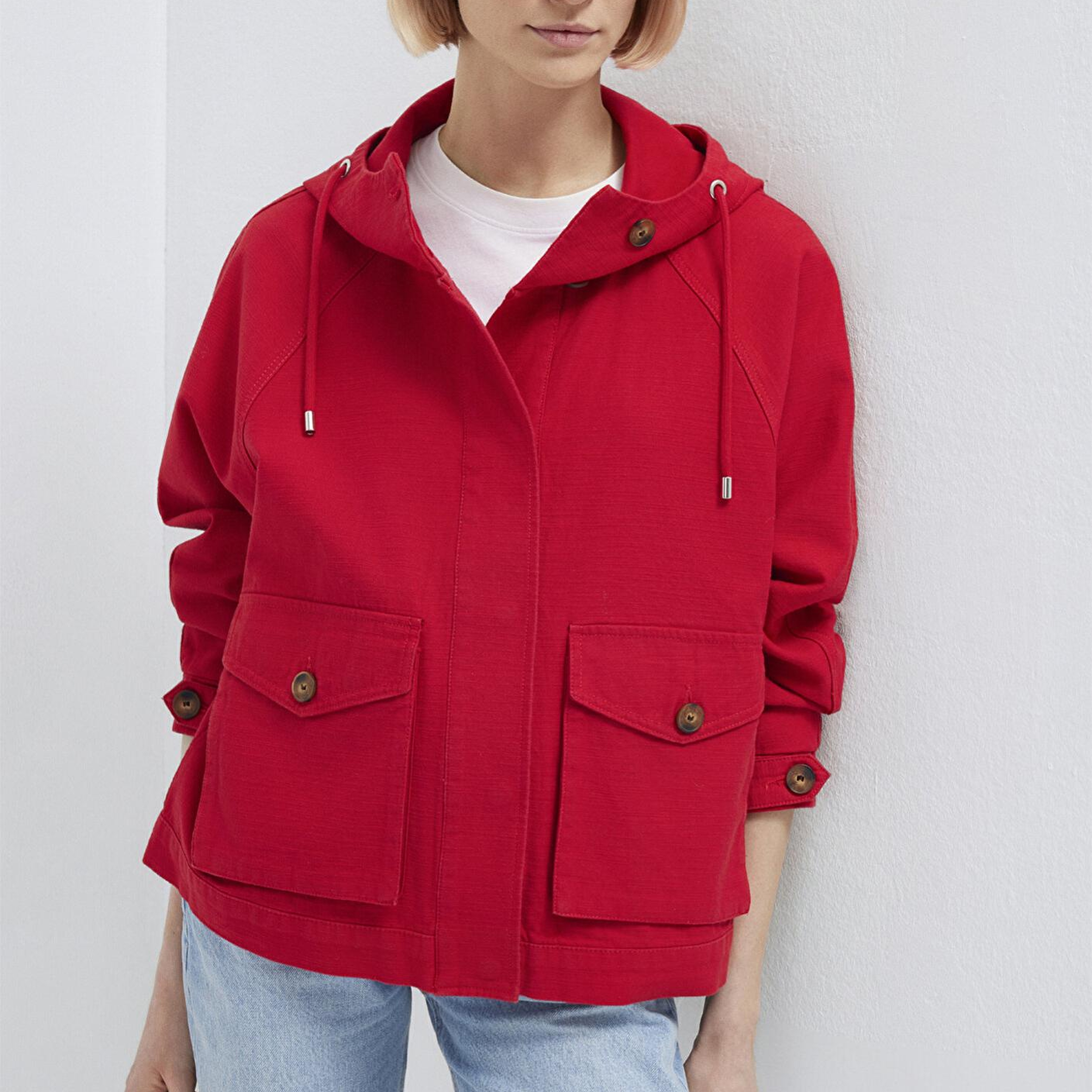 Mavi Kapüşonlu Kırmızı Kısa Ceket Oversize / Geniş Kesim 1110625-70463