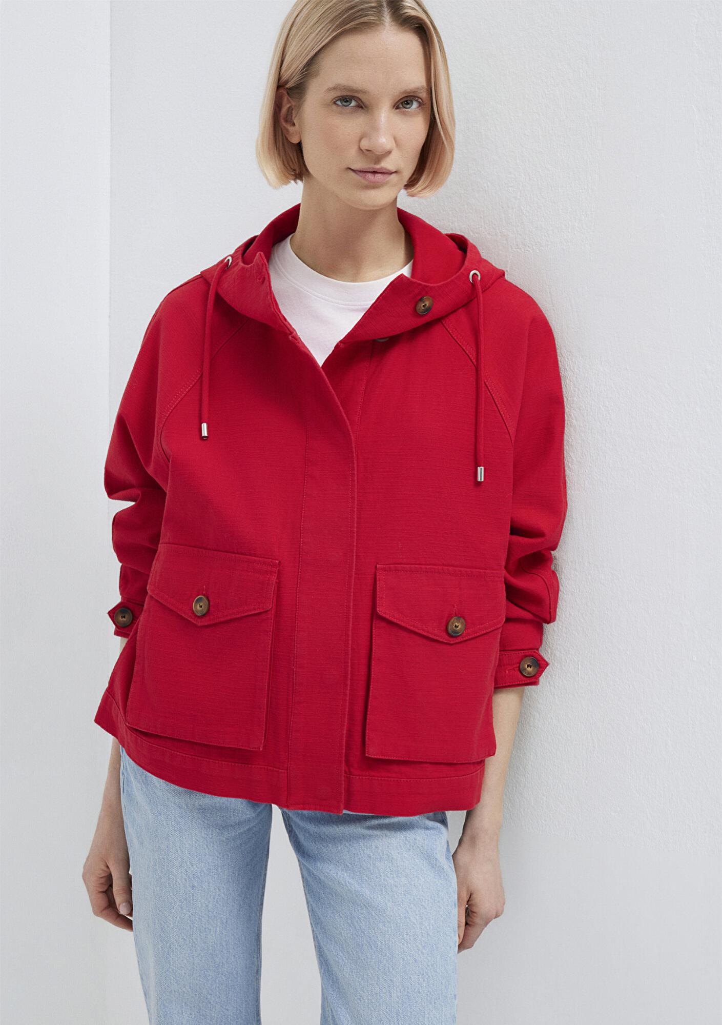 Mavi Kapüşonlu Kırmızı Kısa Ceket Oversize / Geniş Kesim 1110625-70463