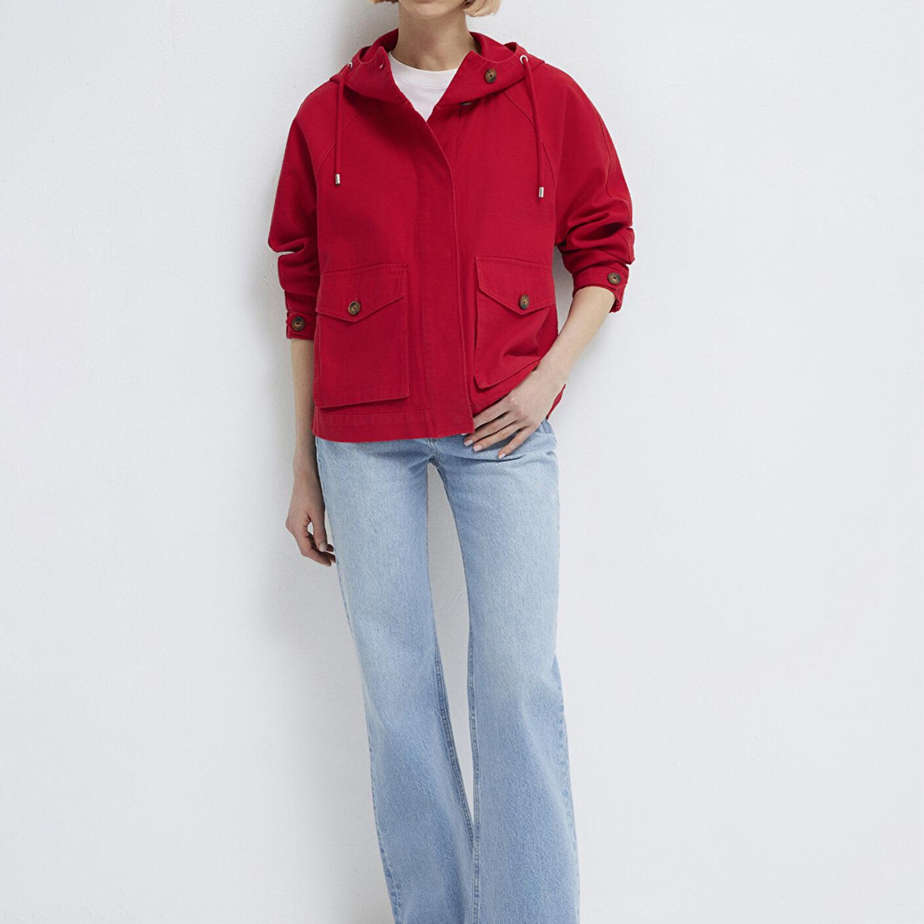 Mavi Kapüşonlu Kırmızı Kısa Ceket Oversize / Geniş Kesim 1110625-70463