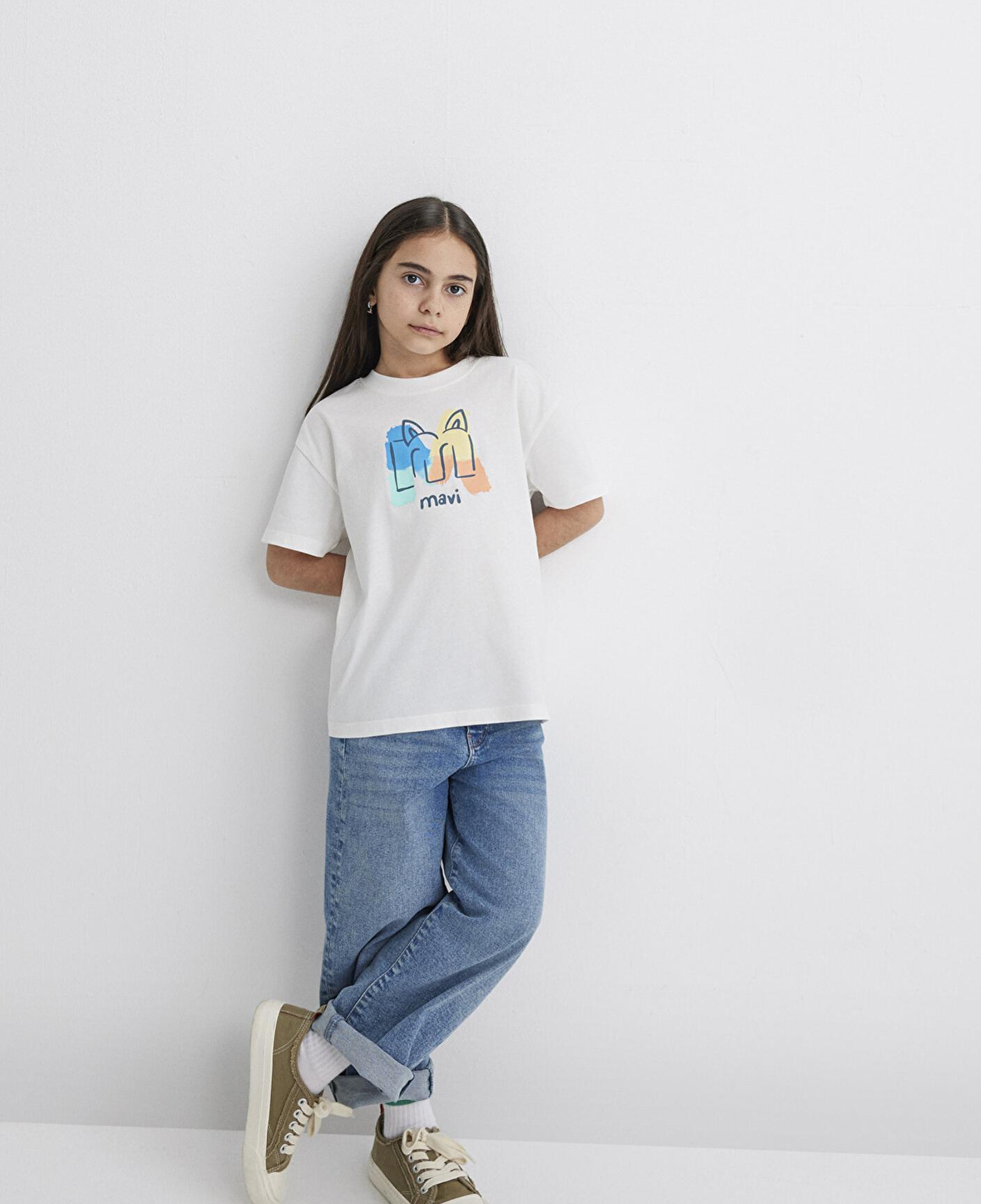 Mavi Mavi Logo Kedi Baskılı Ekru Tişört Loose Fit / Bol Rahat Kesim 7610339-70057