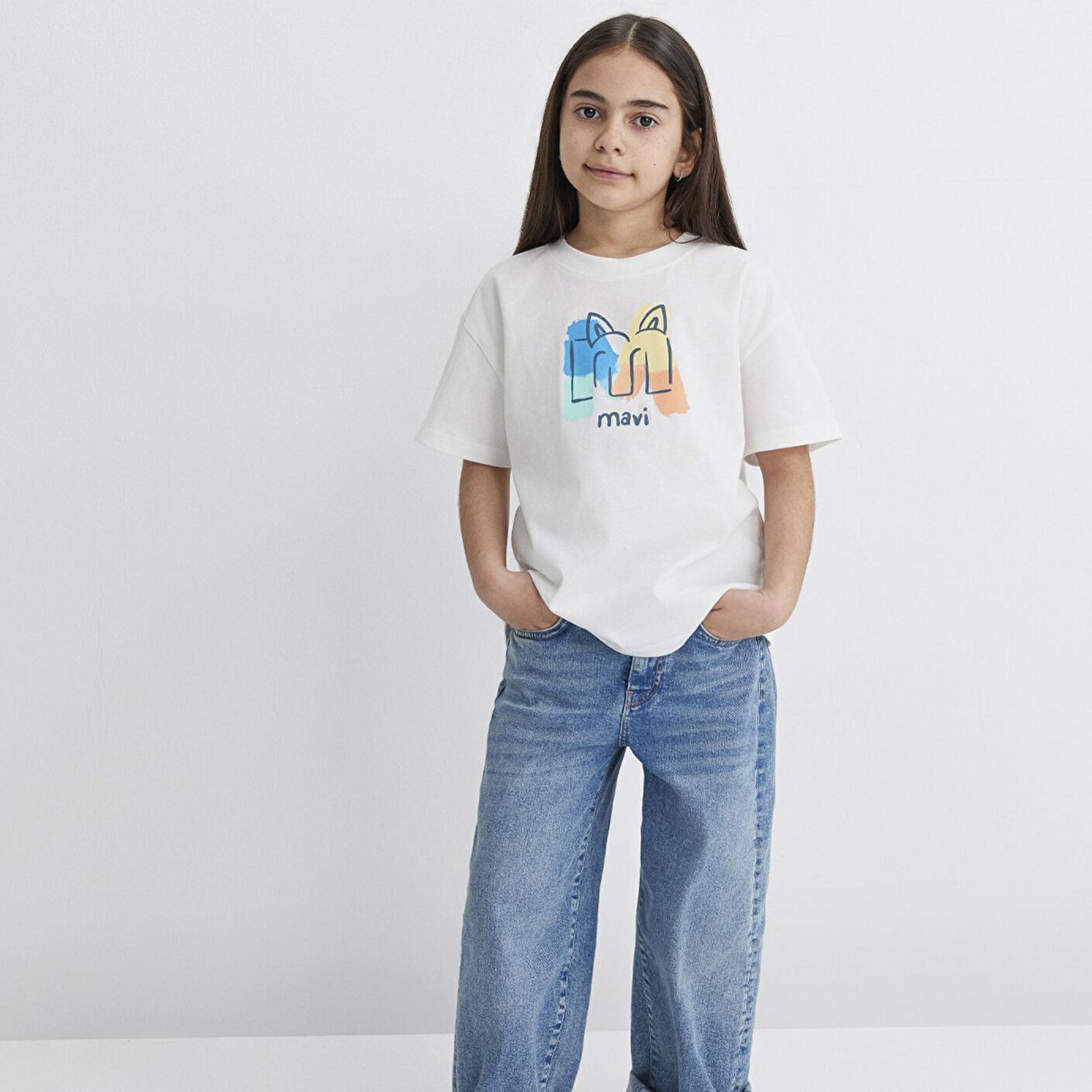 Mavi Mavi Logo Kedi Baskılı Ekru Tişört Loose Fit / Bol Rahat Kesim 7610339-70057