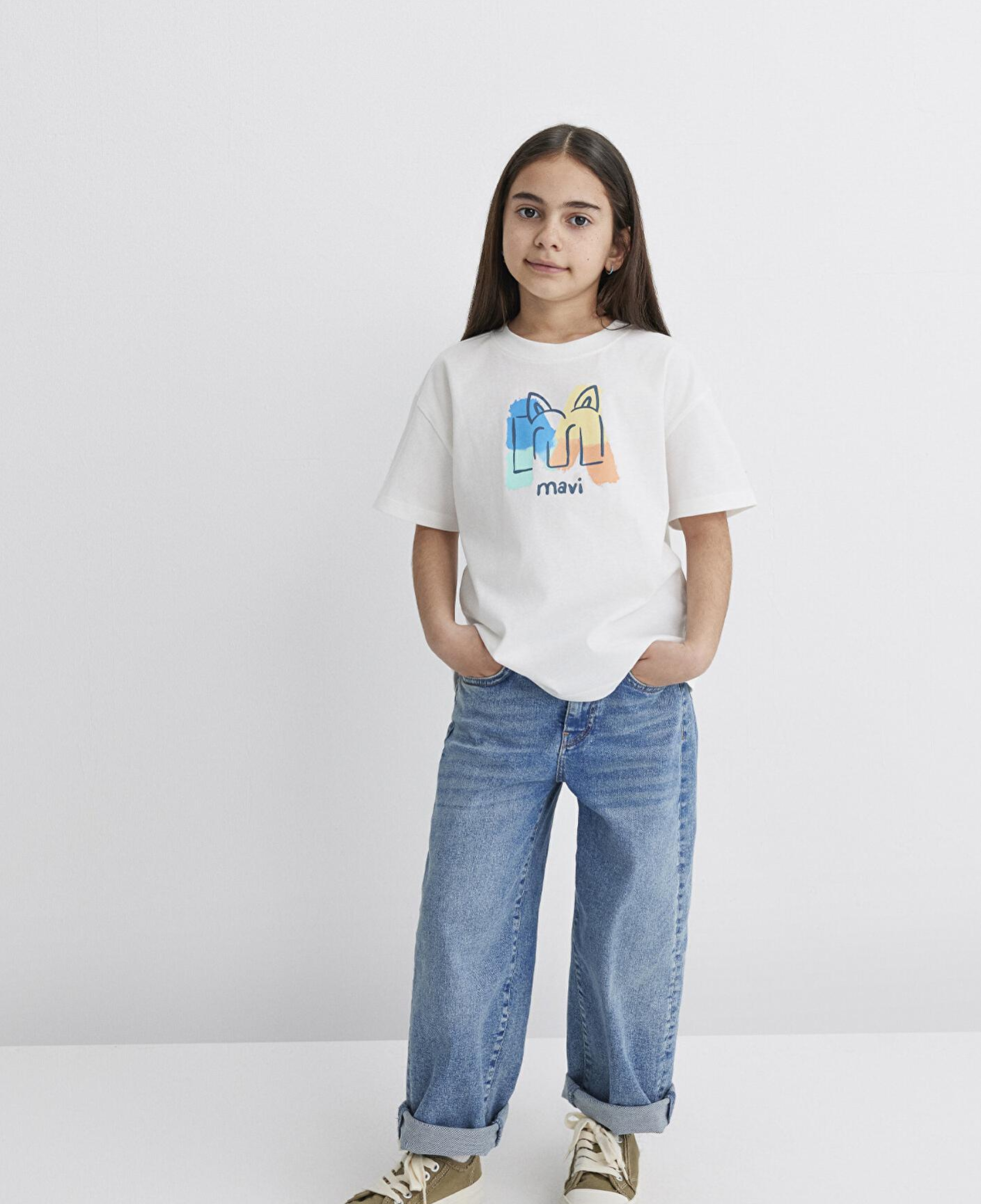 Mavi Mavi Logo Kedi Baskılı Ekru Tişört Loose Fit / Bol Rahat Kesim 7610339-70057