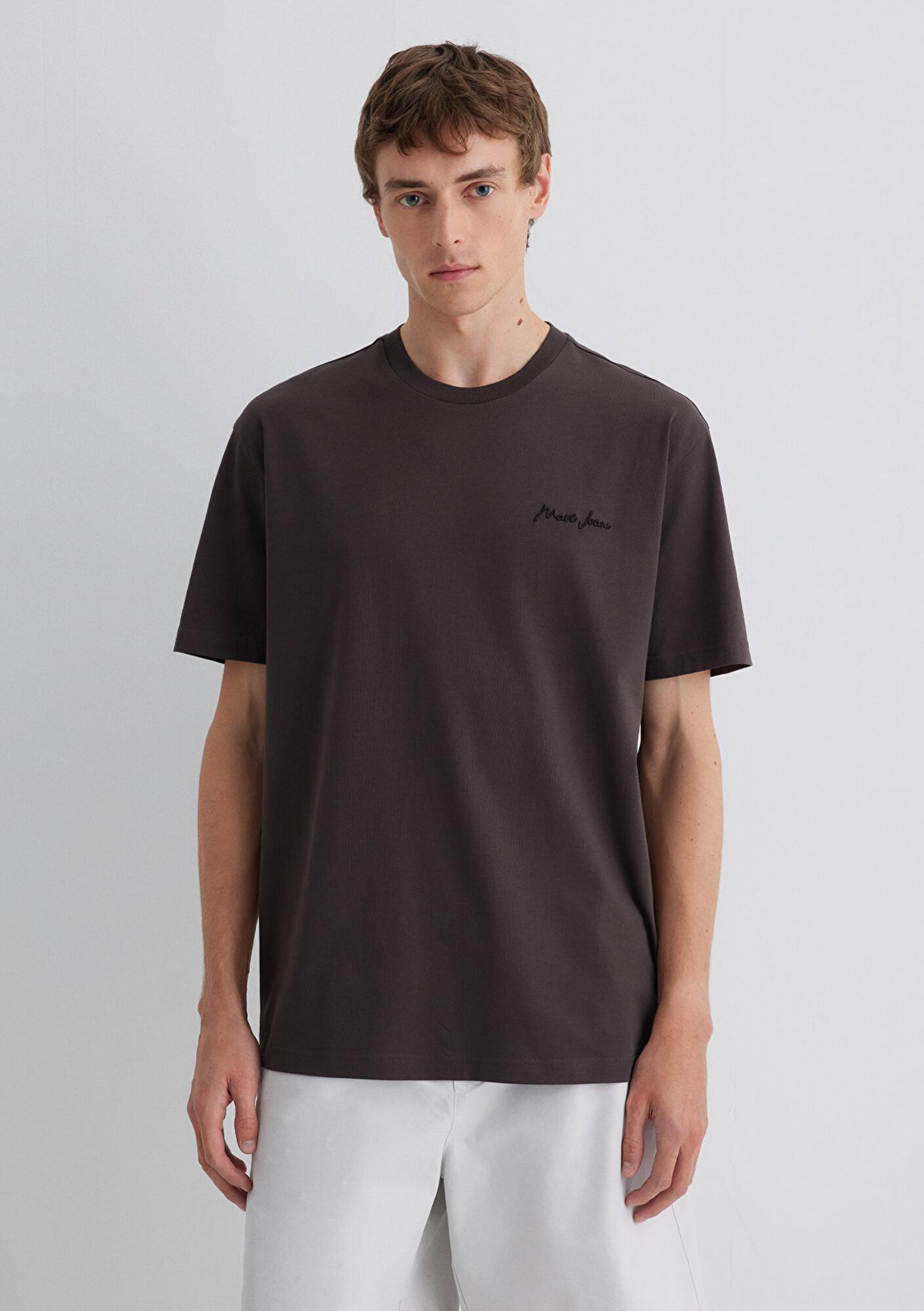 Mavi Mavi Jeans Nakışlı Kahverengi Basic Tişört Loose Fit / Bol Rahat Kesim 0612733-70219