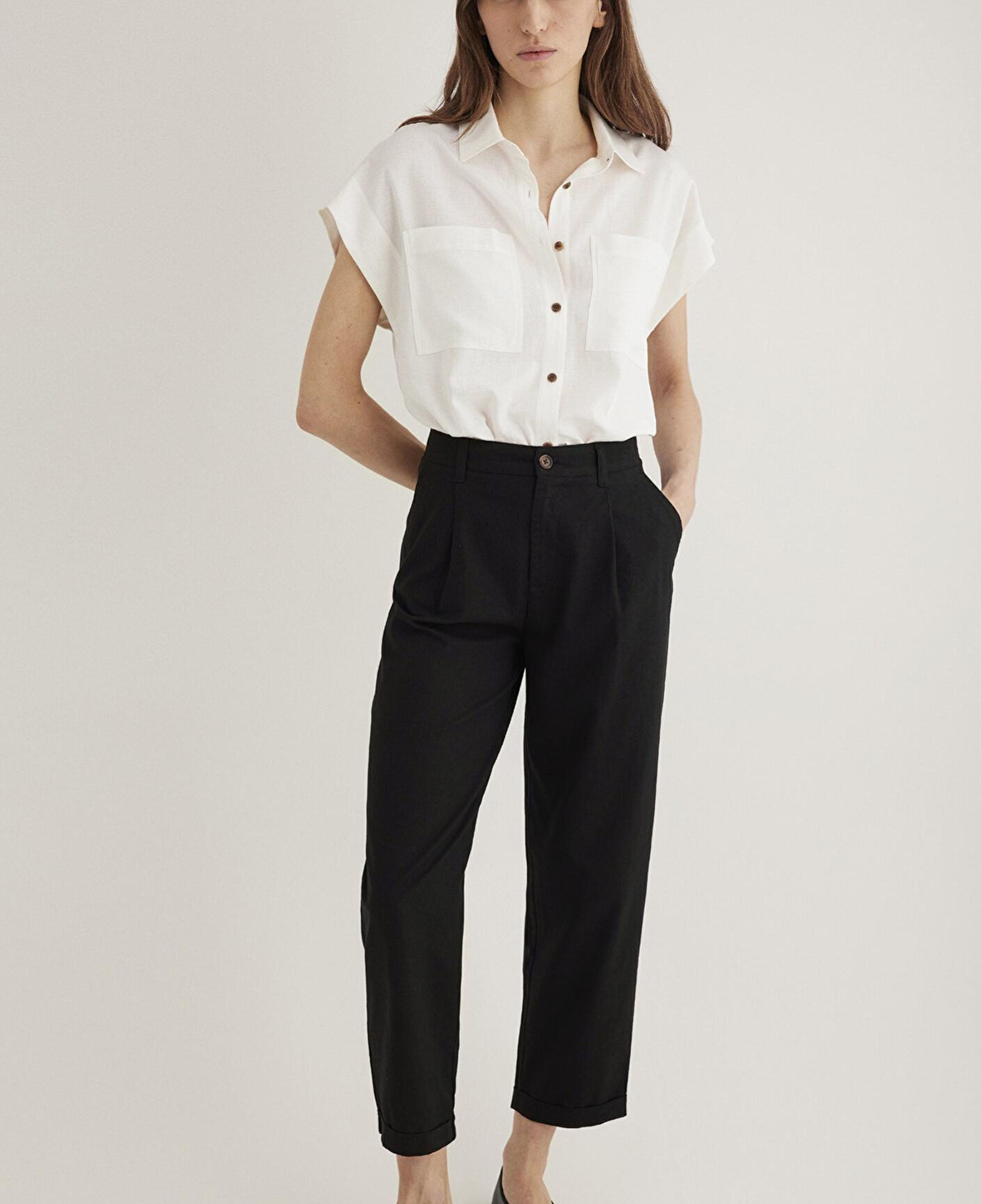 Mavi Keten Karışımlı Ekru Gömlek Loose Fit / Bol Rahat Kesim 1211090-70057