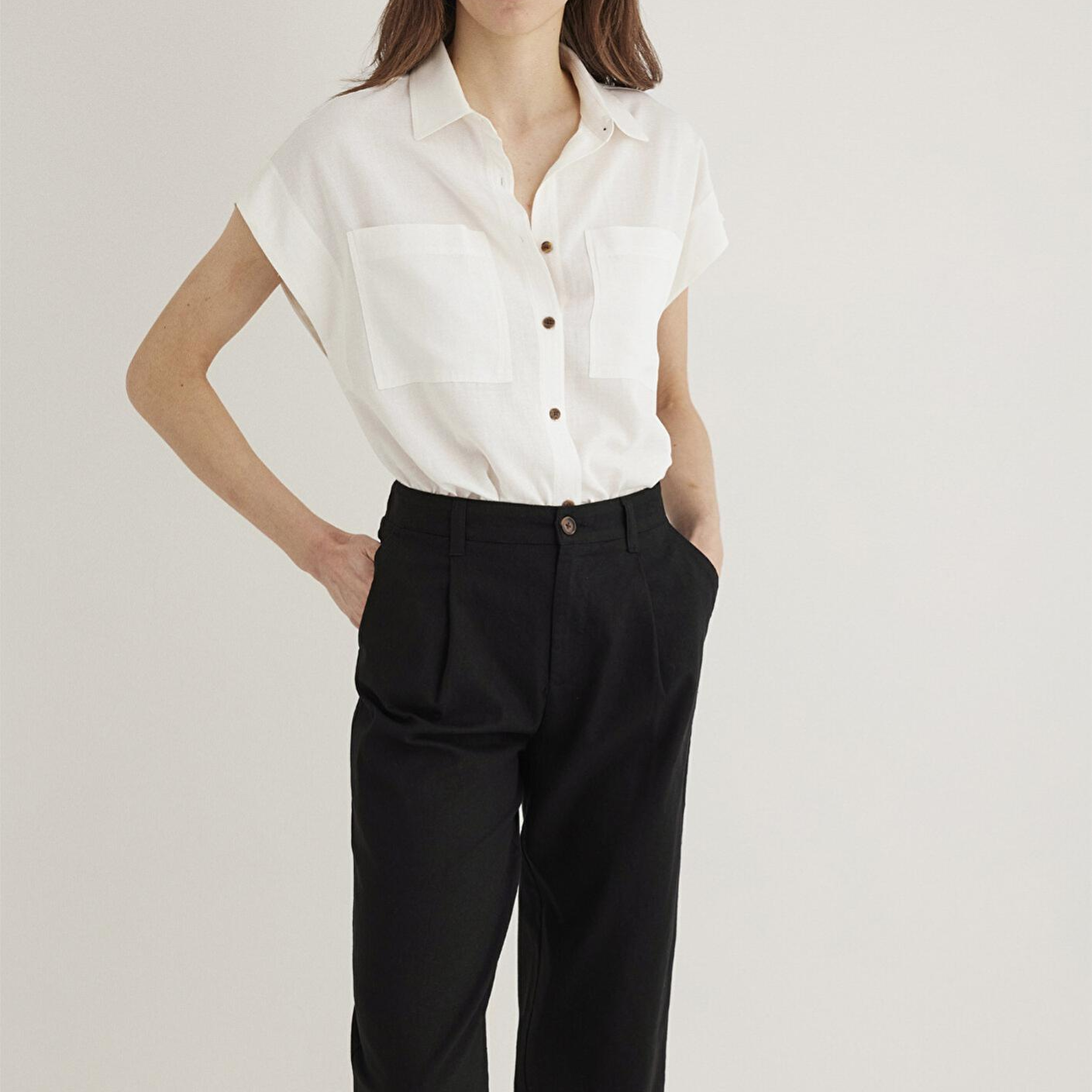 Mavi Keten Karışımlı Ekru Gömlek Loose Fit / Bol Rahat Kesim 1211090-70057