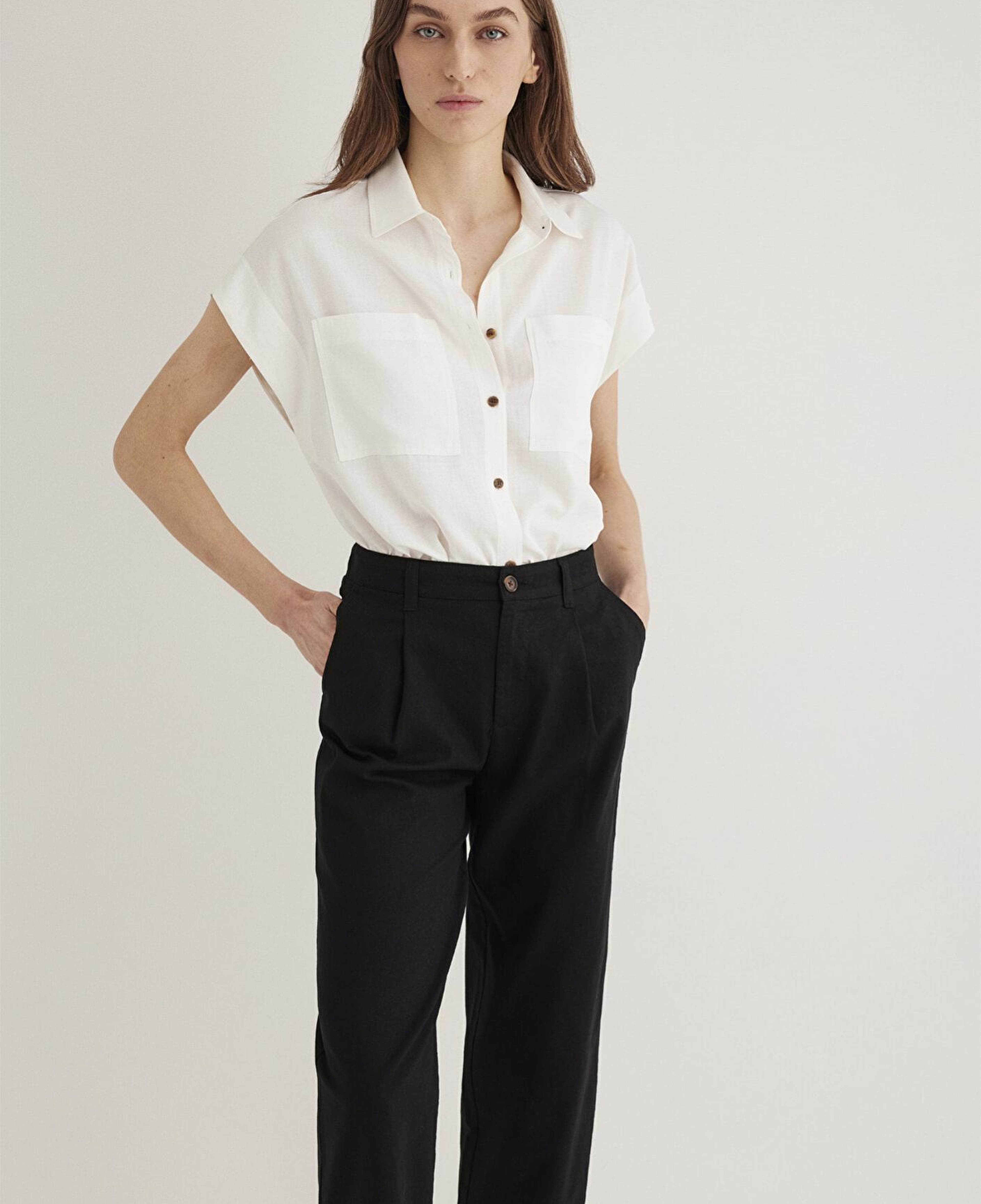 Mavi Keten Karışımlı Ekru Gömlek Loose Fit / Bol Rahat Kesim 1211090-70057