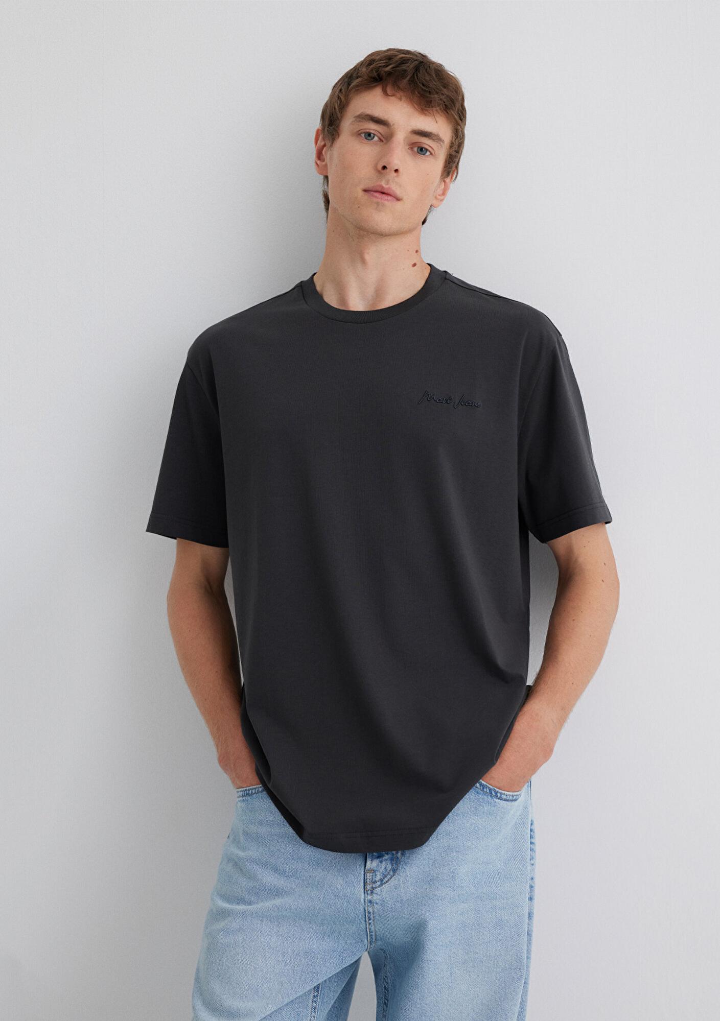 Mavi Mavi Jeans Nakışlı Antrasit Basic Tişört Loose Fit / Bol Rahat Kesim 0612733-70092