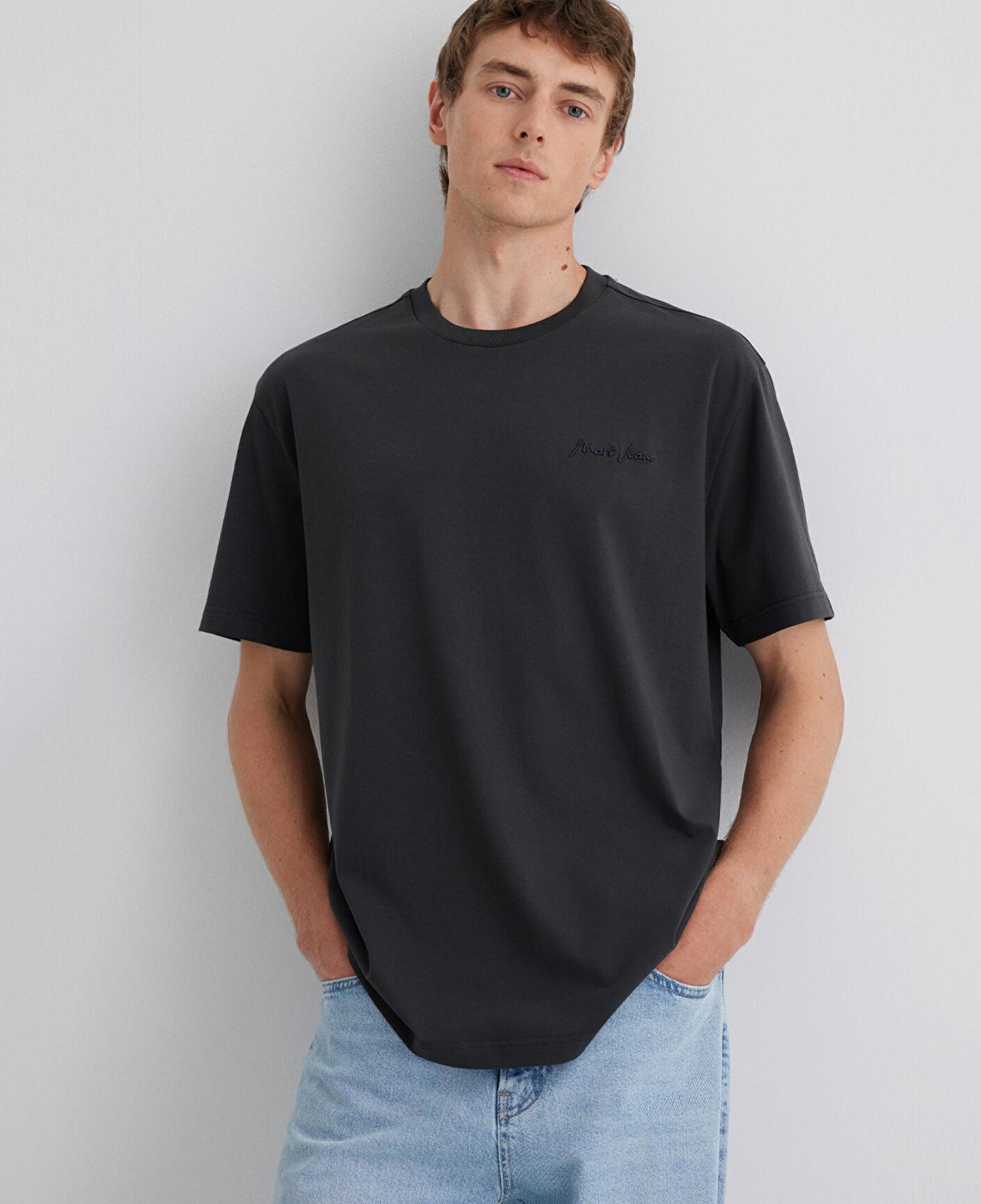 Mavi Mavi Jeans Nakışlı Antrasit Basic Tişört Loose Fit / Bol Rahat Kesim 0612733-70092