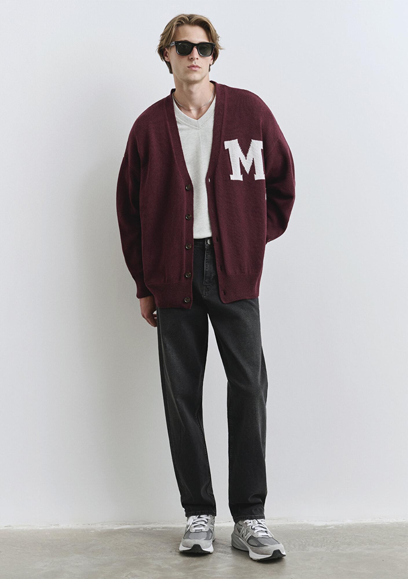 Mavi M Baskılı Bordo Hırka Oversize / Geniş Kesim 0710288-70414