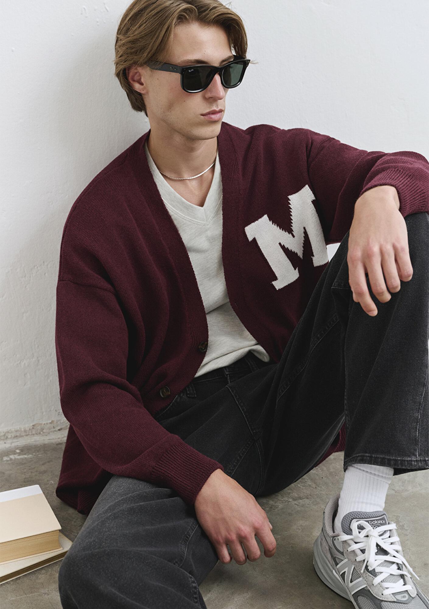 Mavi M Baskılı Bordo Hırka Oversize / Geniş Kesim 0710288-70414