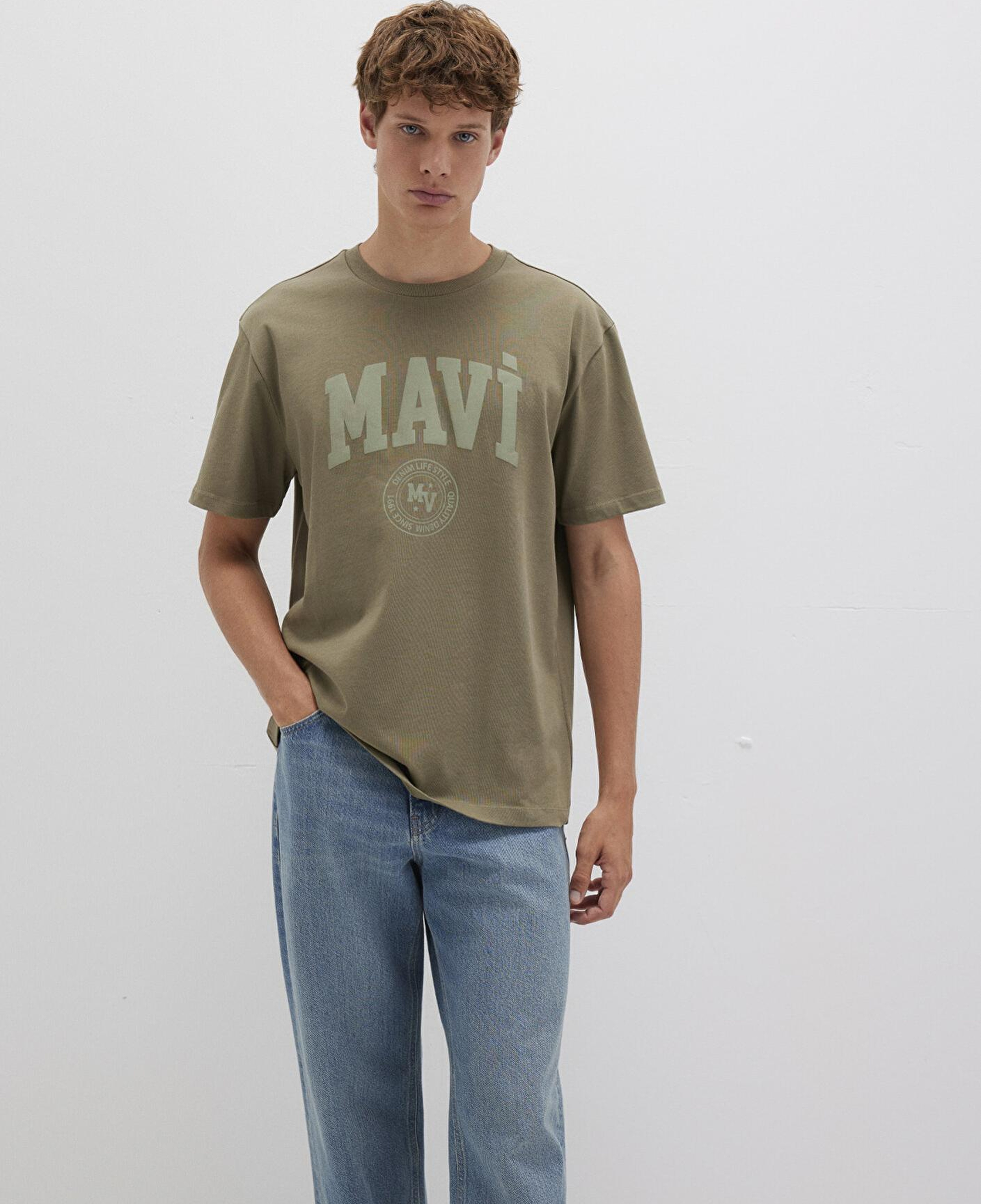 Mavi Mavi Logo Baskılı Haki Tişört Loose Fit / Bol Rahat Kesim 0612897-71816