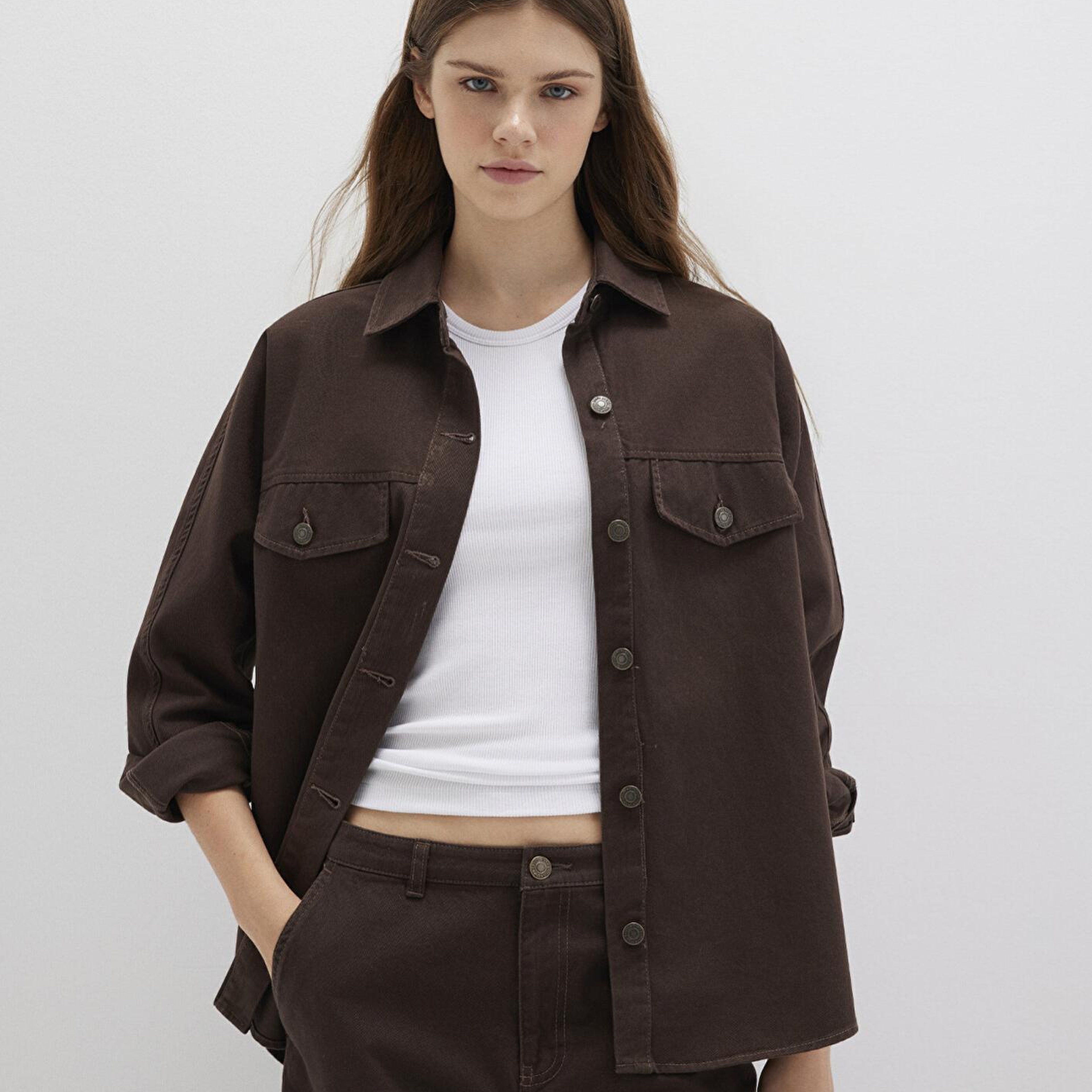 Mavi Cep Detaylı Kahverengi Gömlek Oversize / Geniş Kesim 1211181-88067