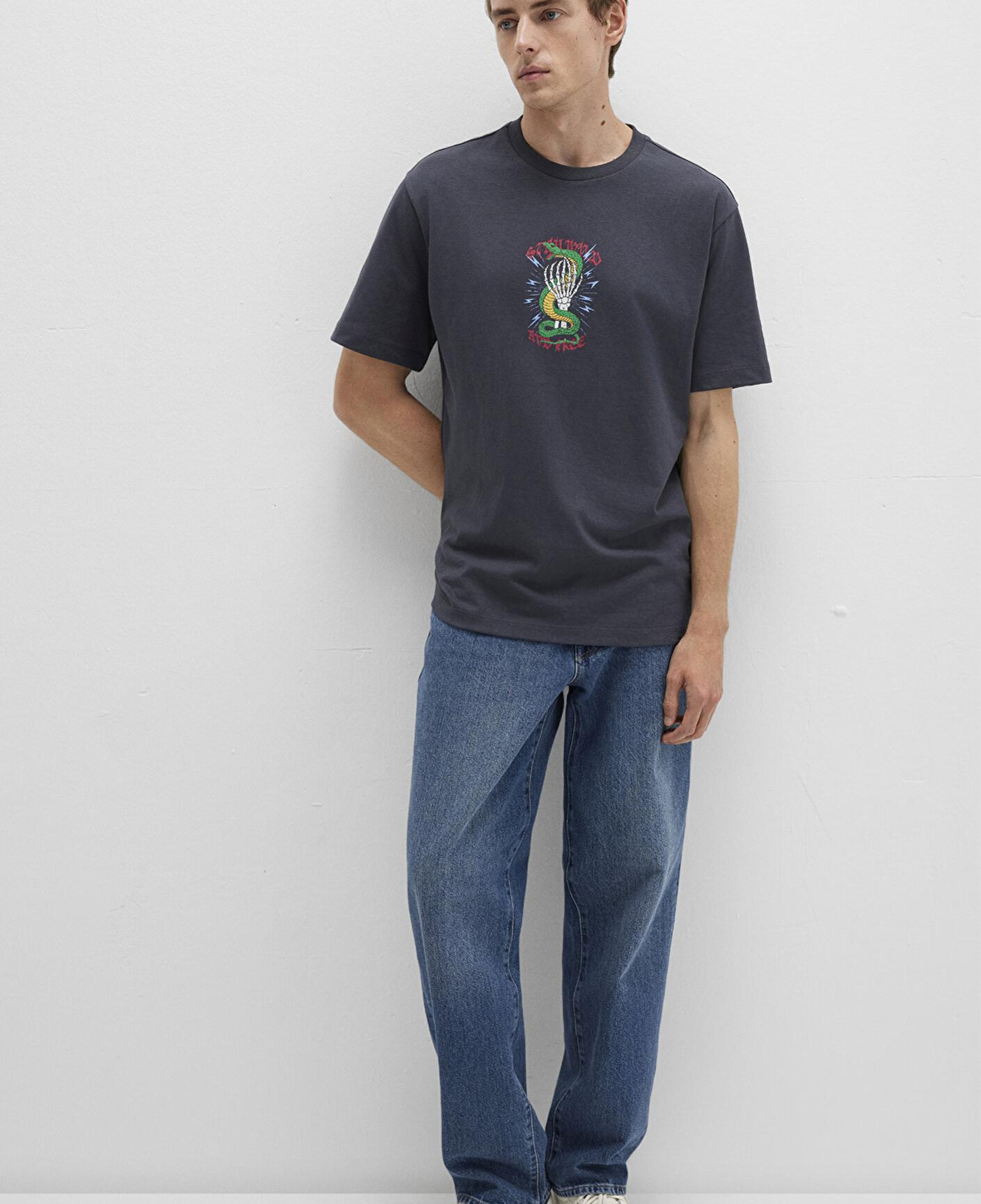 Mavi Sırt Baskılı Antrasit Tişört Loose Fit / Bol Rahat Kesim 0612929-80106