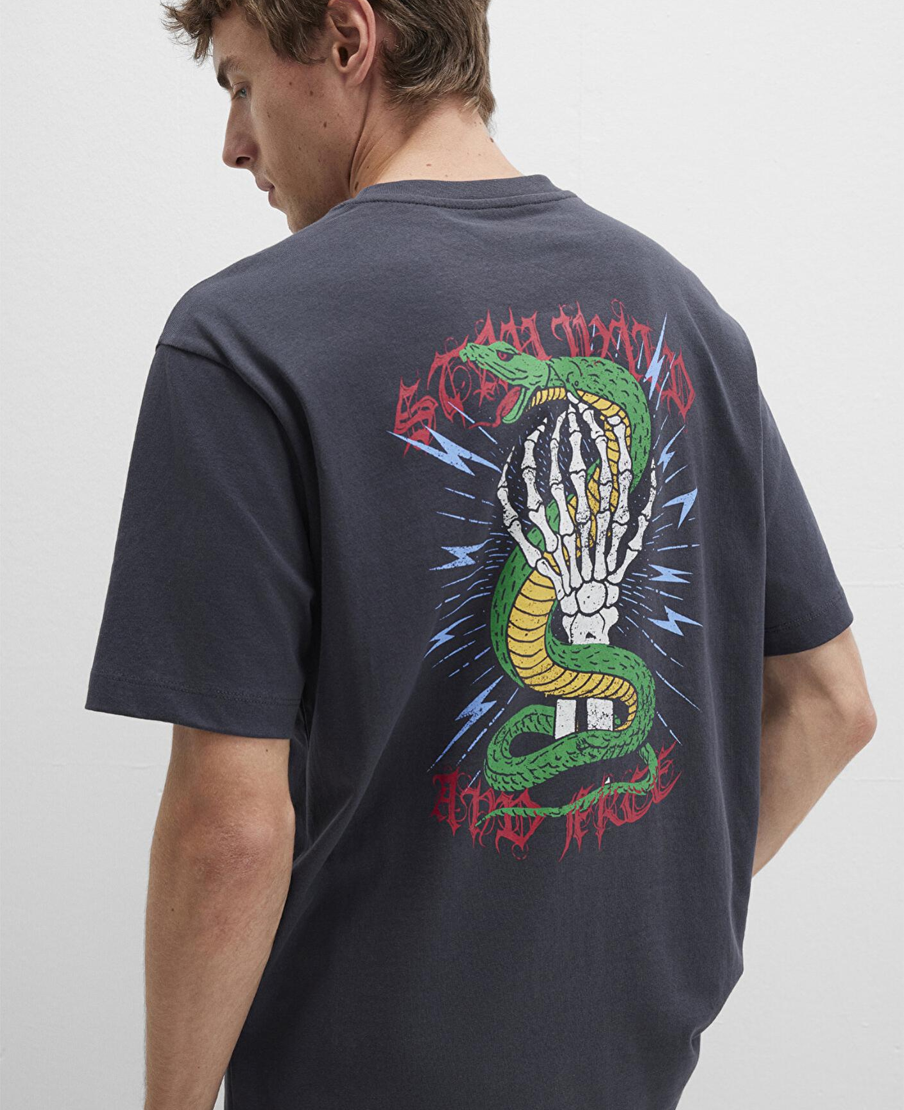 Mavi Sırt Baskılı Antrasit Tişört Loose Fit / Bol Rahat Kesim 0612929-80106