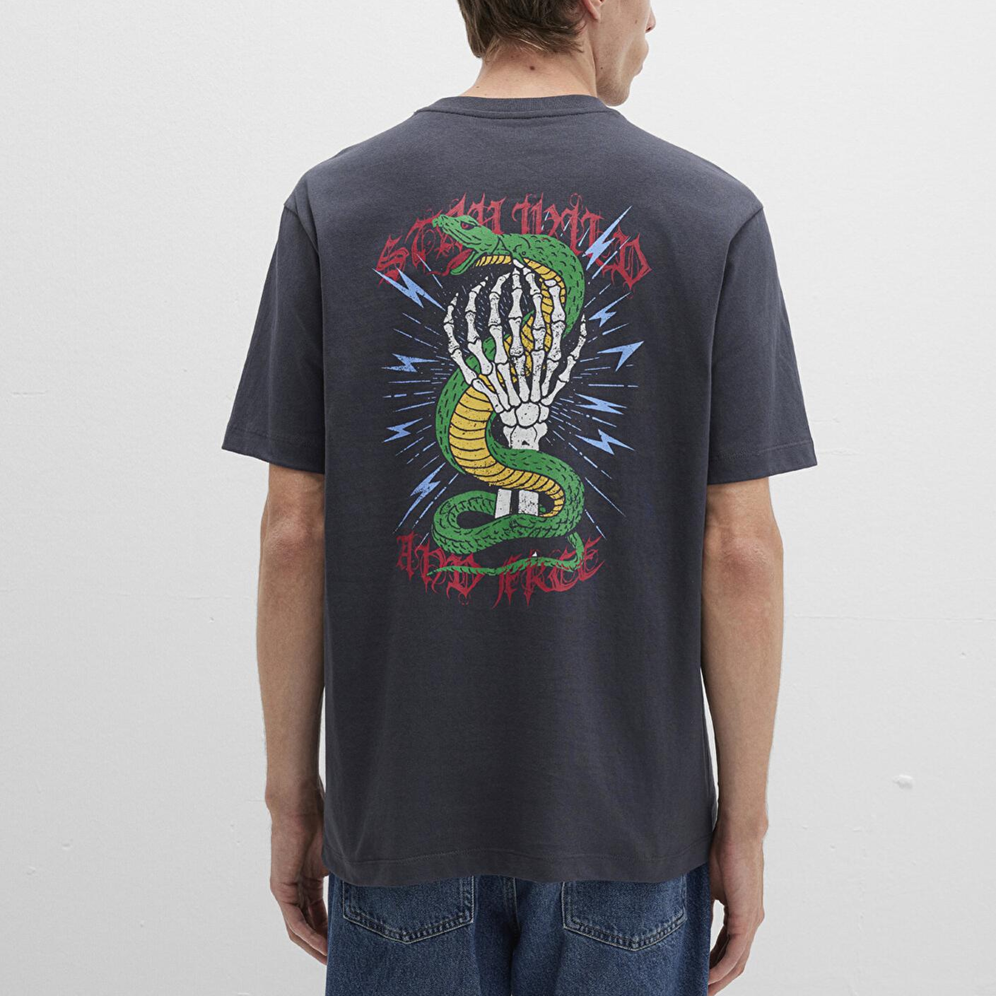 Mavi Sırt Baskılı Antrasit Tişört Loose Fit / Bol Rahat Kesim 0612929-80106