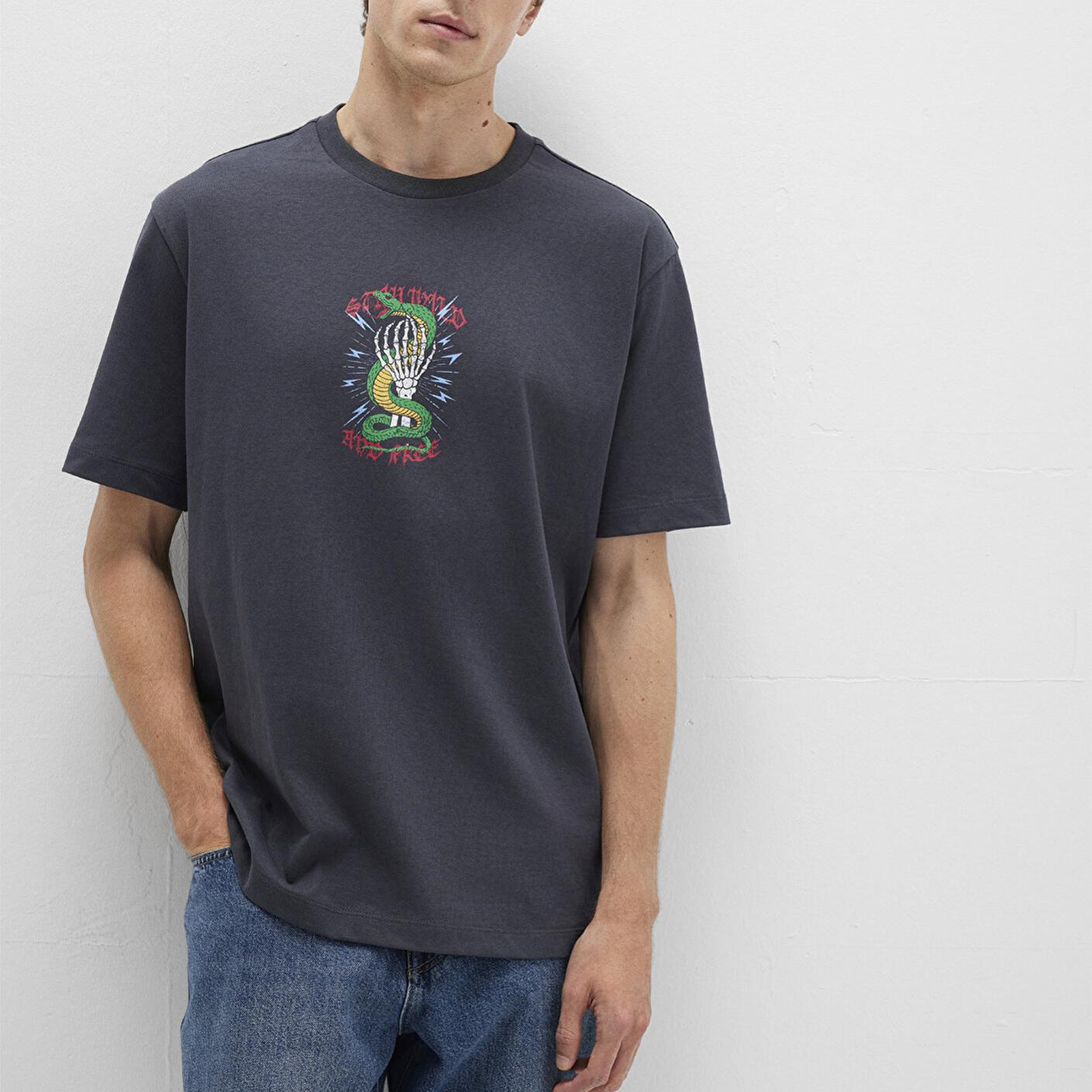 Mavi Sırt Baskılı Antrasit Tişört Loose Fit / Bol Rahat Kesim 0612929-80106