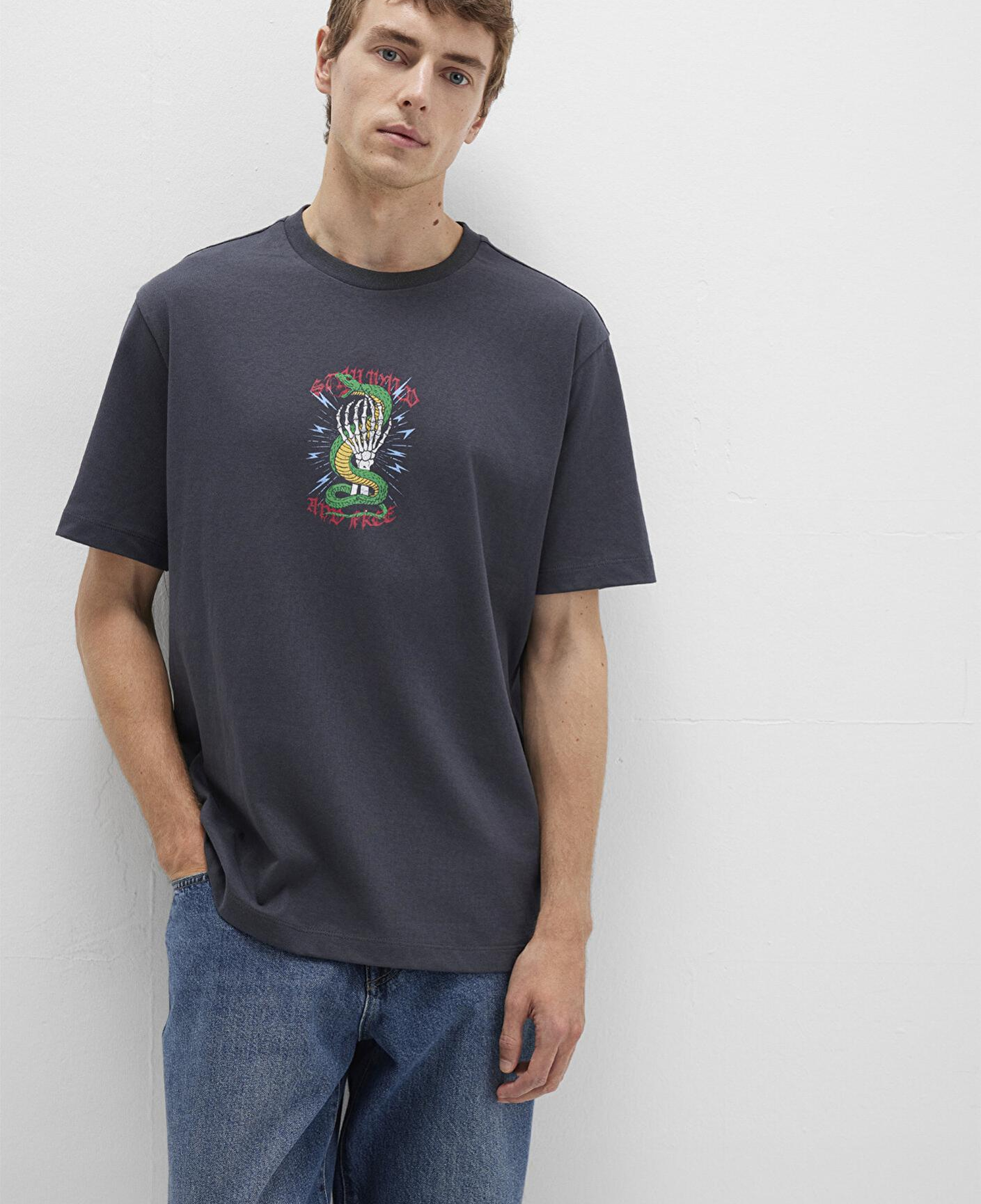 Mavi Sırt Baskılı Antrasit Tişört Loose Fit / Bol Rahat Kesim 0612929-80106