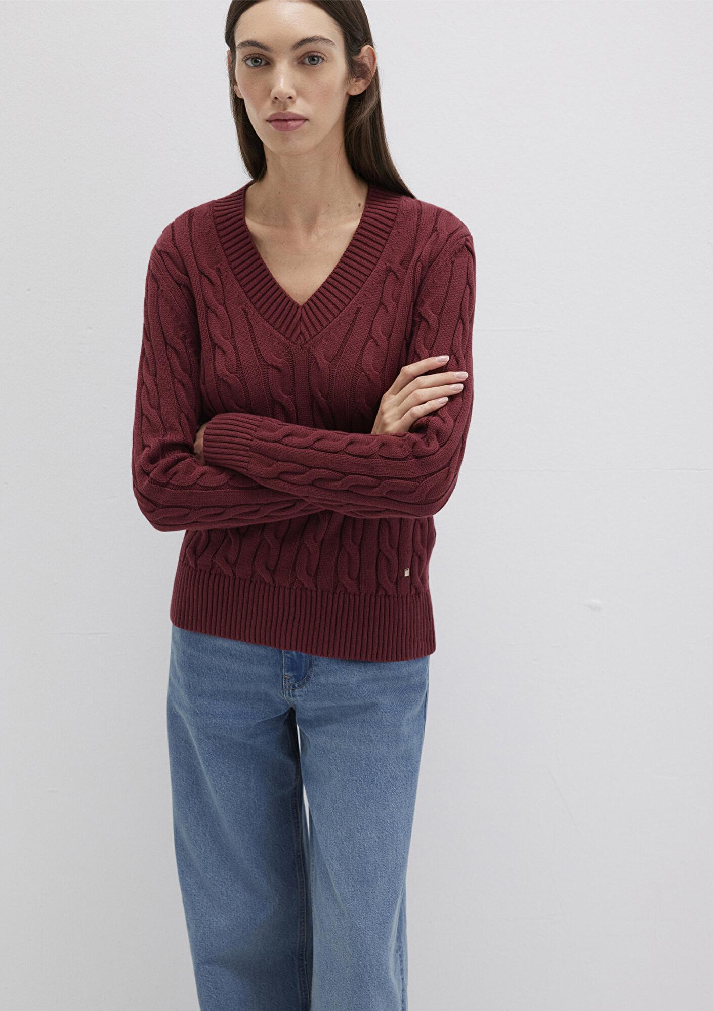 Mavi İpek Karışımlı V Yaka Bordo Kazak Slim Fit / Dar Kesim 1710720-85493