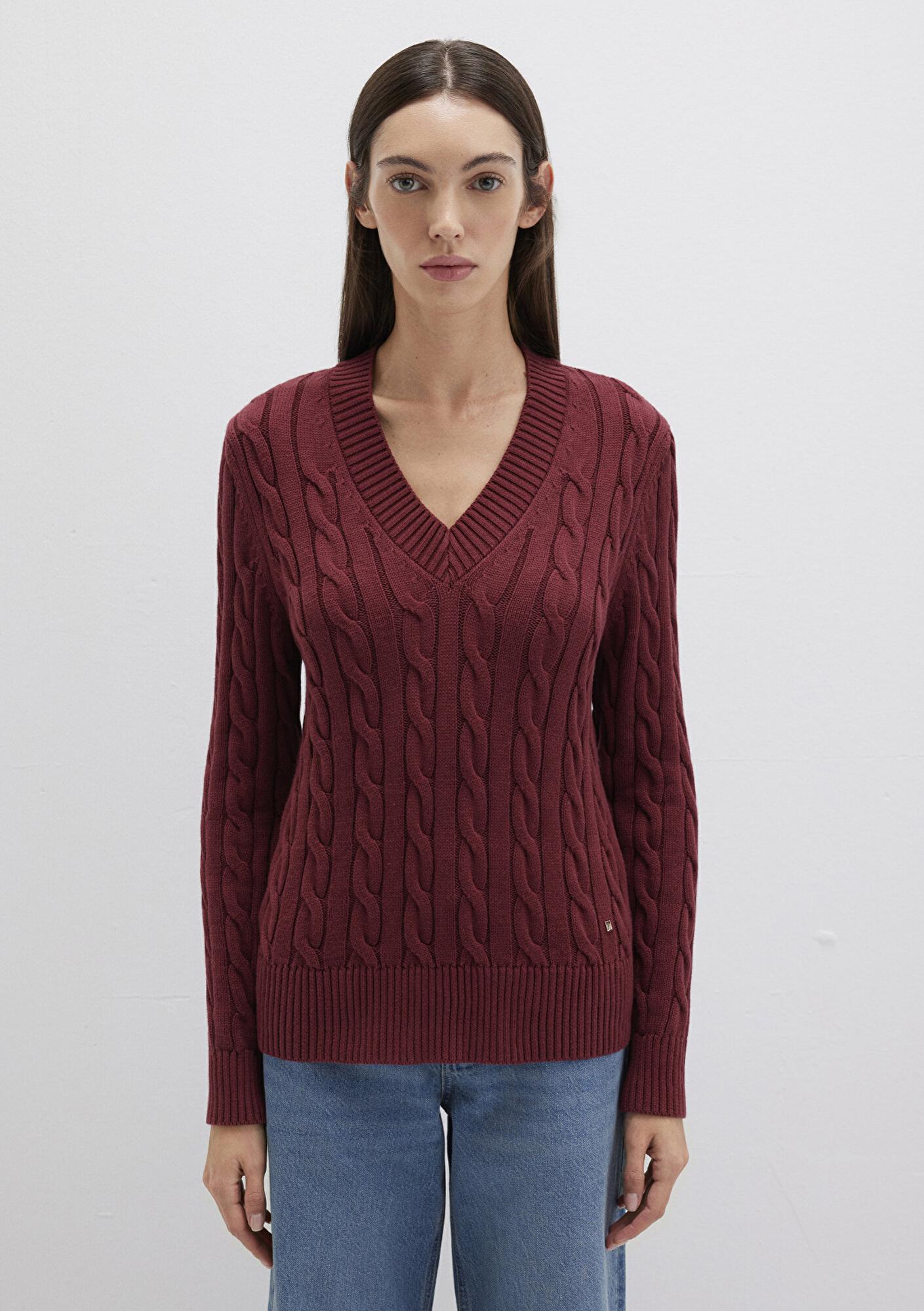 Mavi İpek Karışımlı V Yaka Bordo Kazak Slim Fit / Dar Kesim 1710720-85493