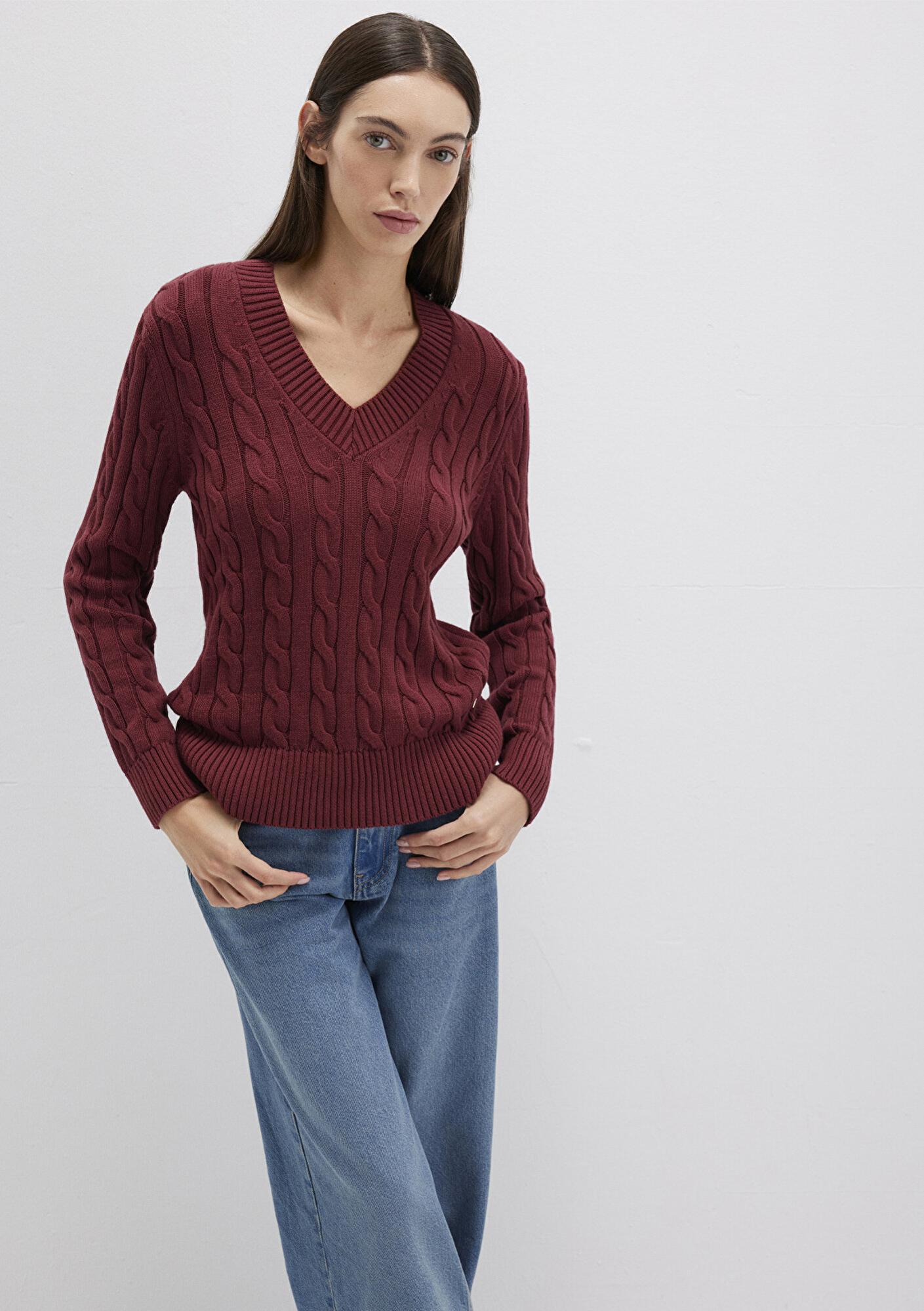 Mavi İpek Karışımlı V Yaka Bordo Kazak Slim Fit / Dar Kesim 1710720-85493