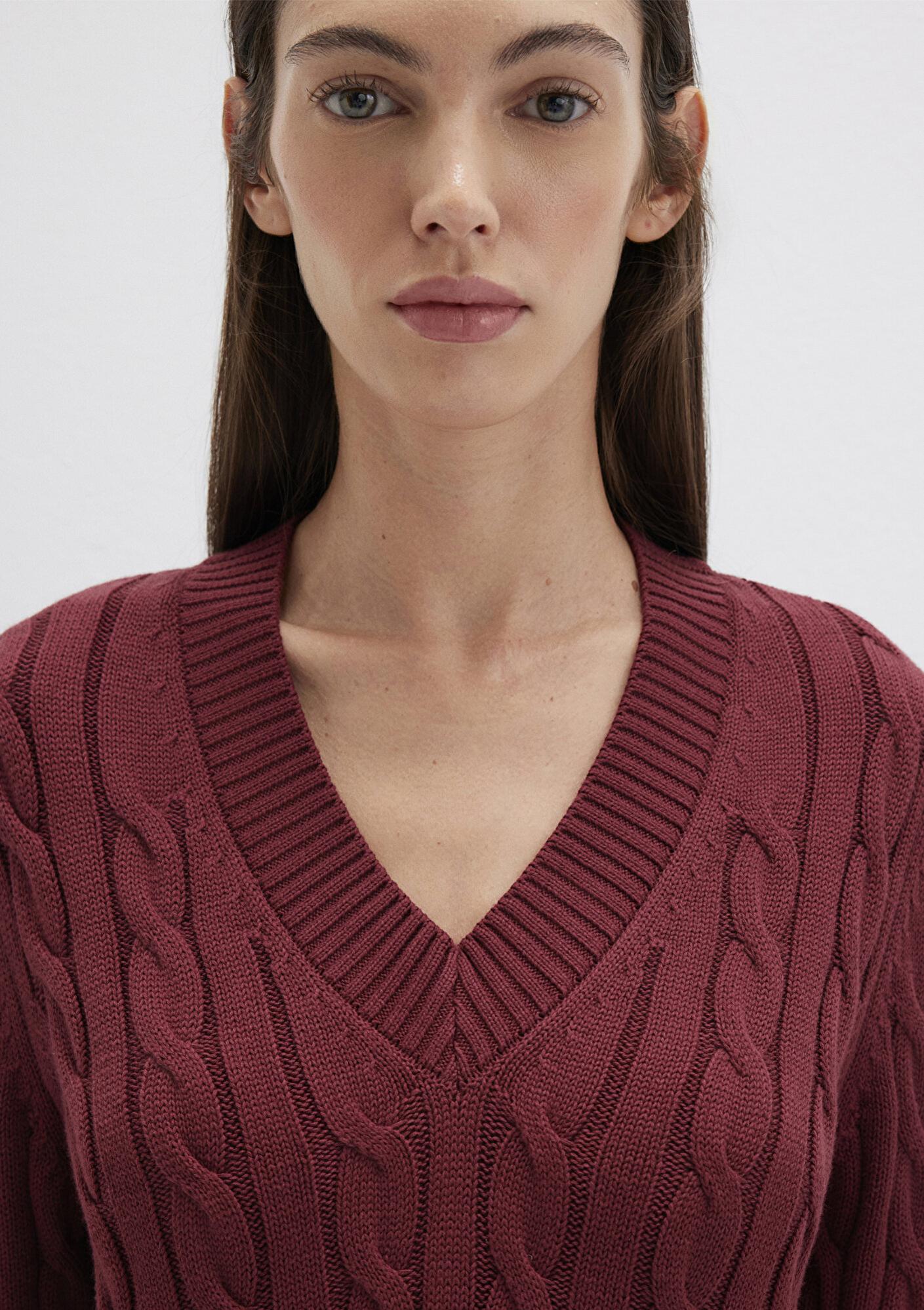 Mavi İpek Karışımlı V Yaka Bordo Kazak Slim Fit / Dar Kesim 1710720-85493