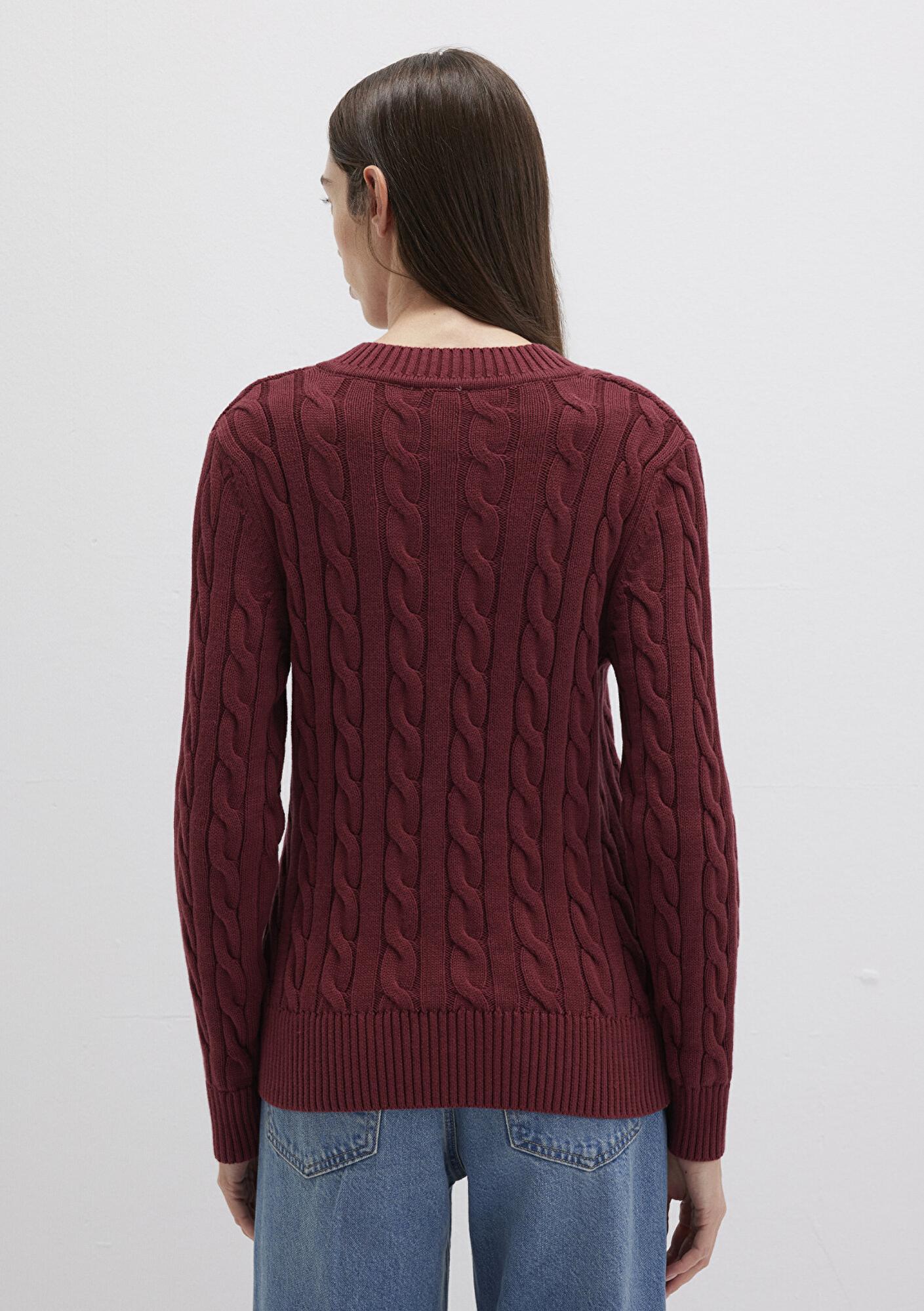 Mavi İpek Karışımlı V Yaka Bordo Kazak Slim Fit / Dar Kesim 1710720-85493