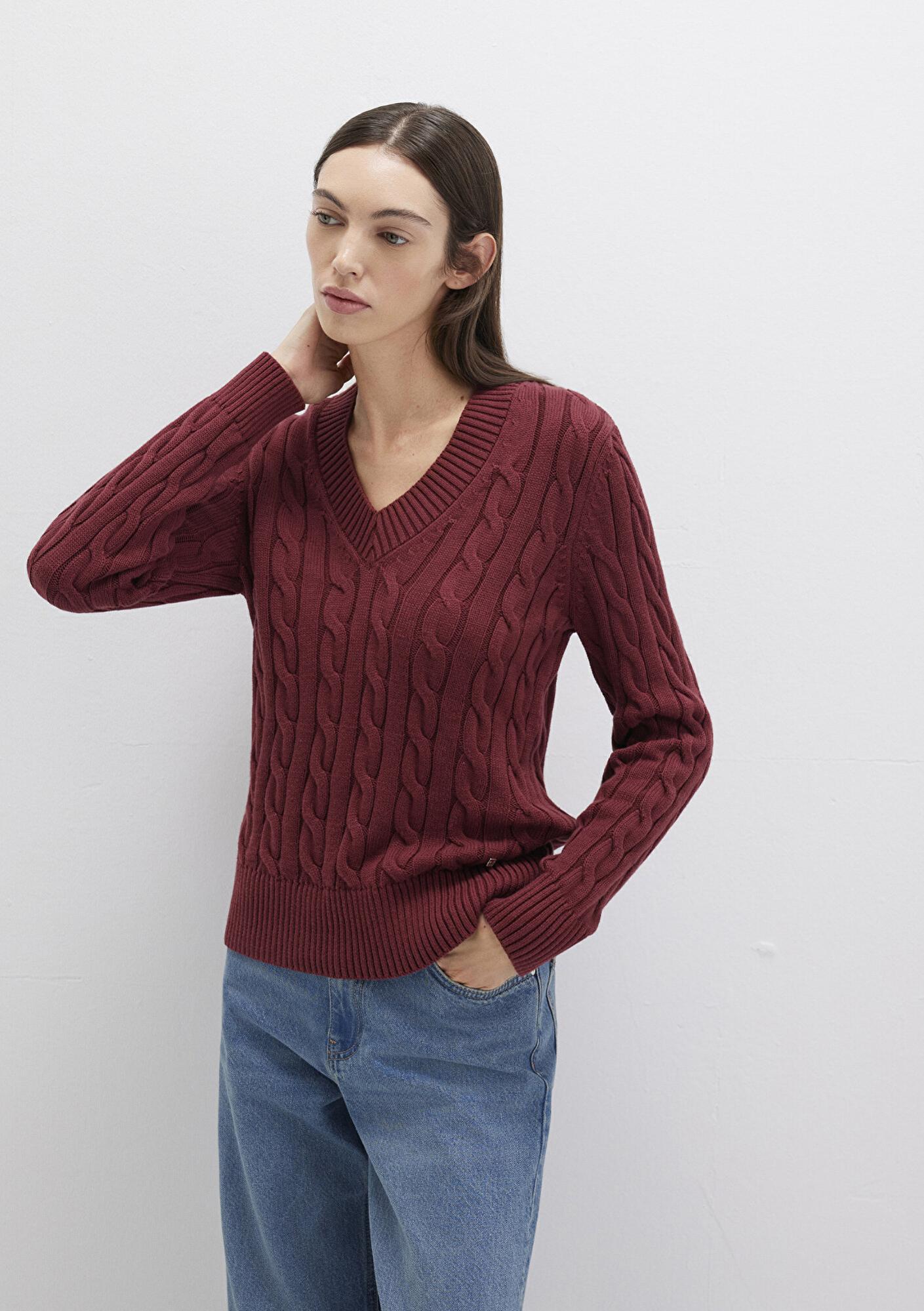 Mavi İpek Karışımlı V Yaka Bordo Kazak Slim Fit / Dar Kesim 1710720-85493