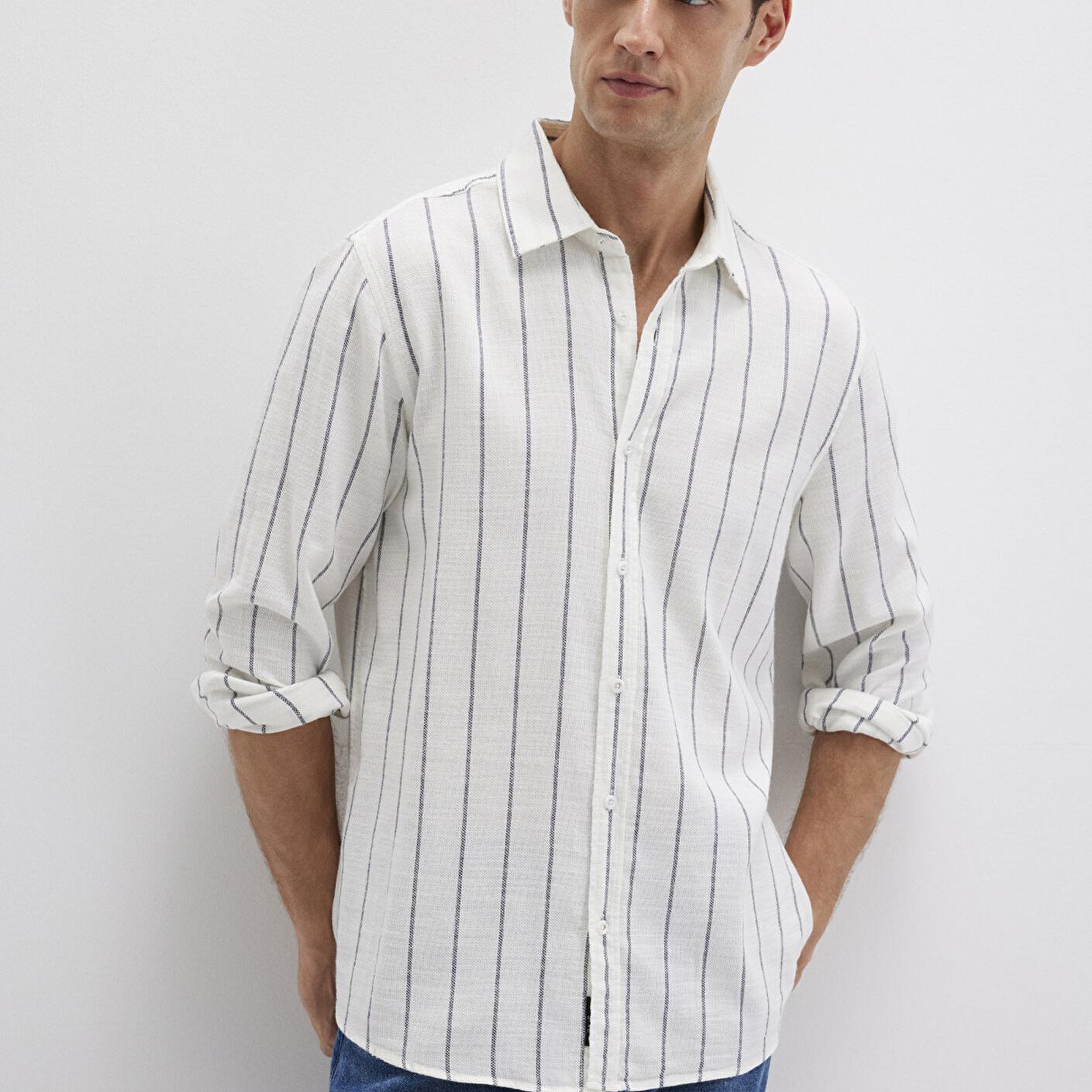 Mavi Çizgili Beyaz Gömlek Regular Fit / Normal Kesim 0211712-90938