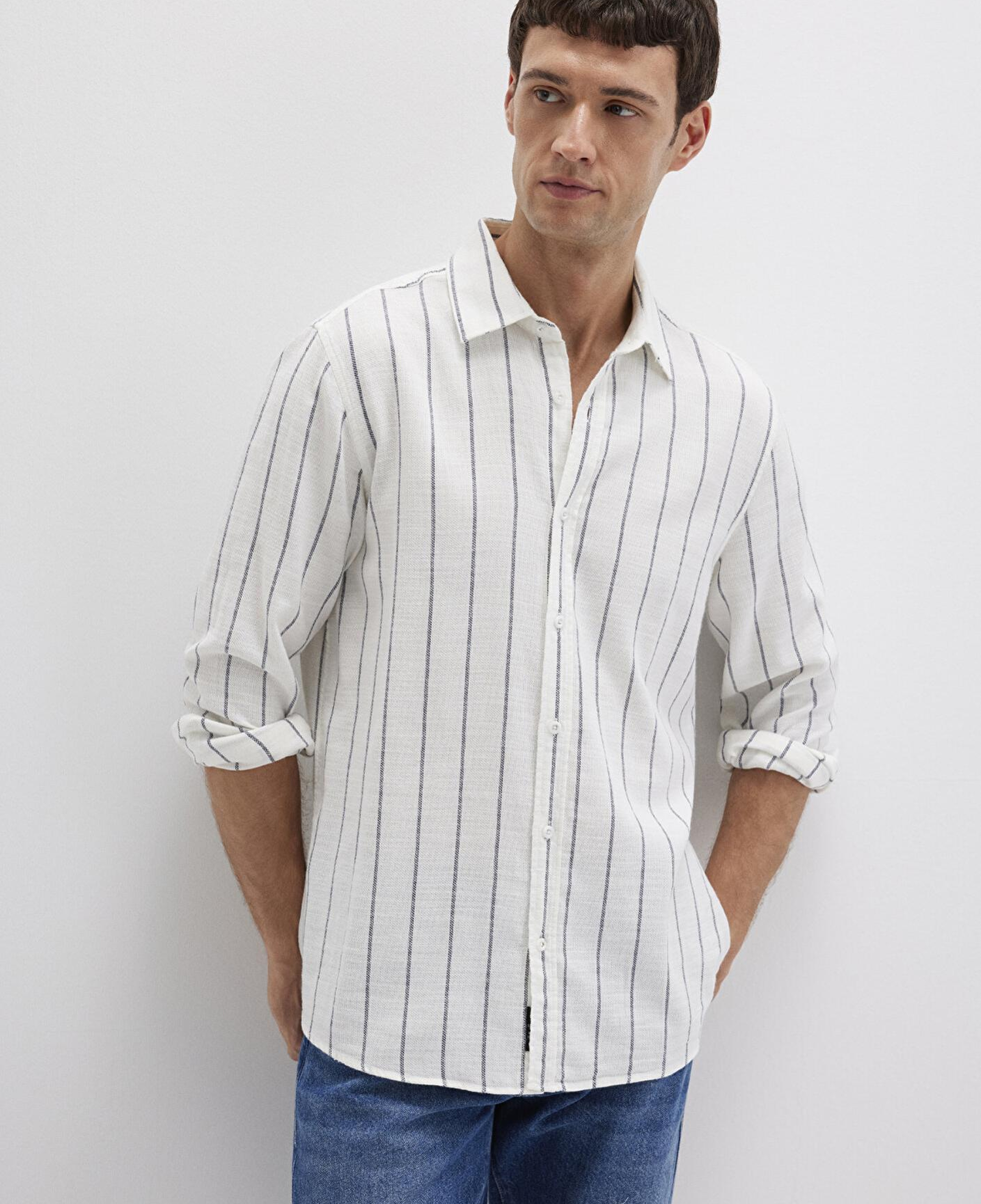 Mavi Çizgili Beyaz Gömlek Regular Fit / Normal Kesim 0211712-90938