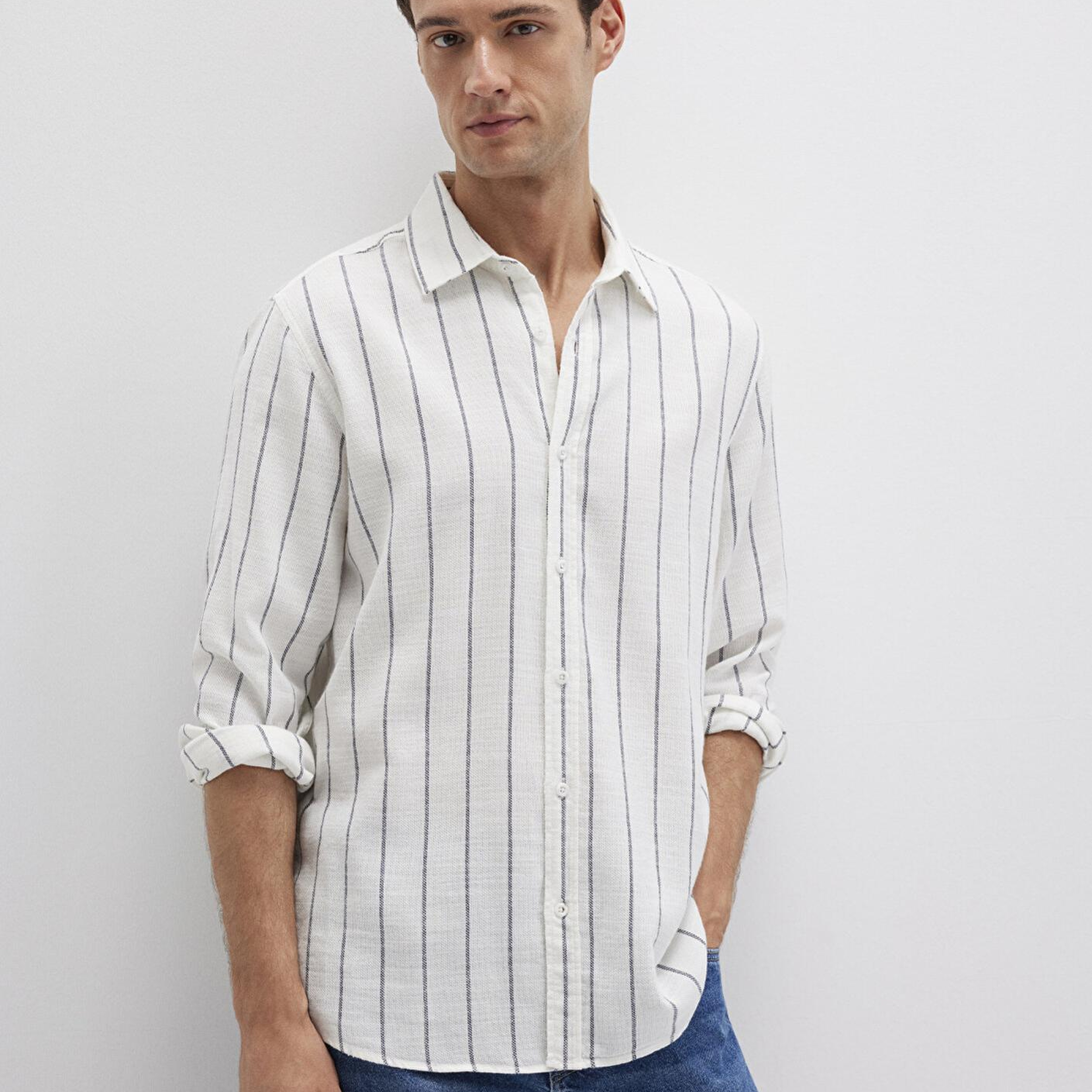 Mavi Çizgili Beyaz Gömlek Regular Fit / Normal Kesim 0211712-90938