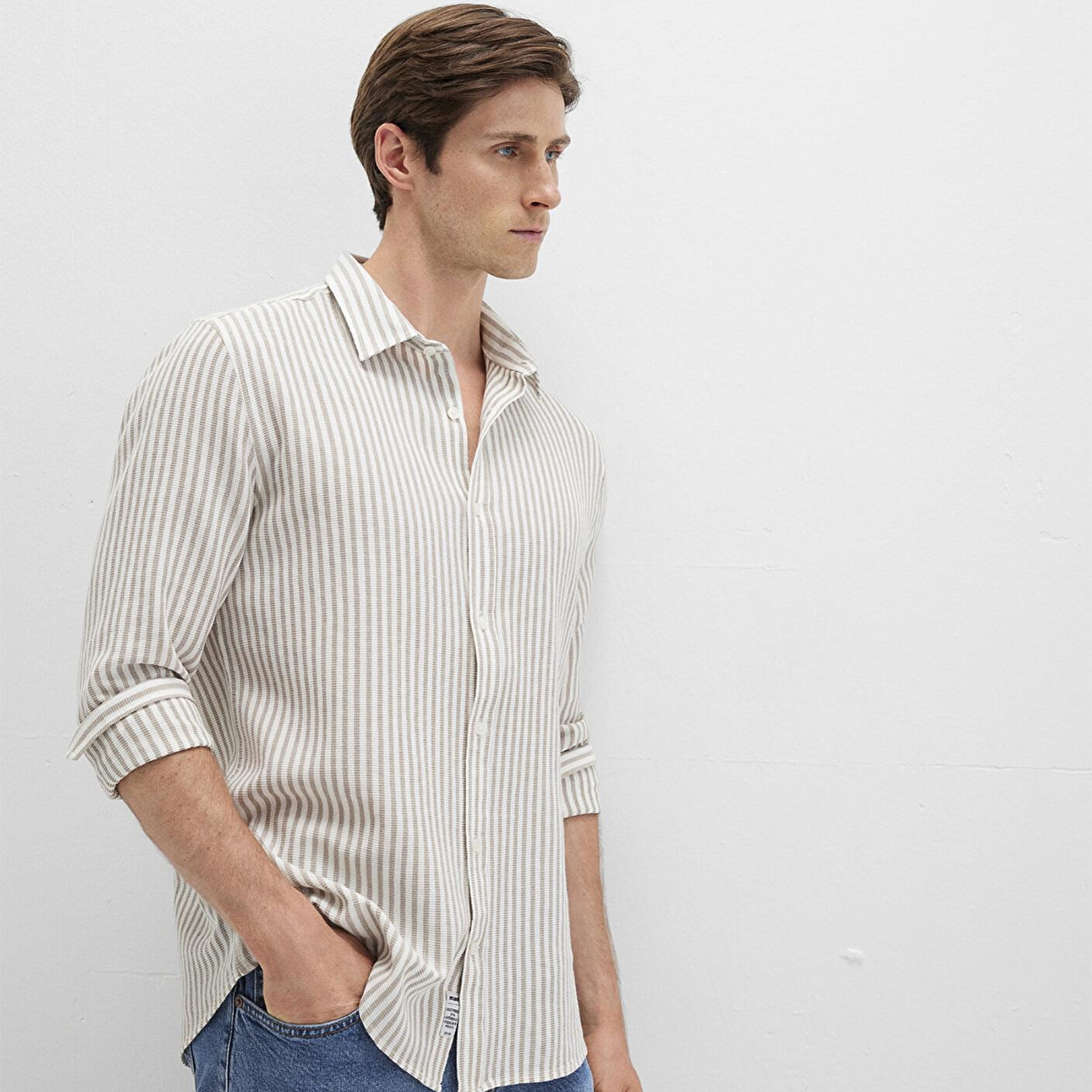 Mavi Çizgili Bej Gömlek Slim Fit / Dar Kesim 0211692-90940