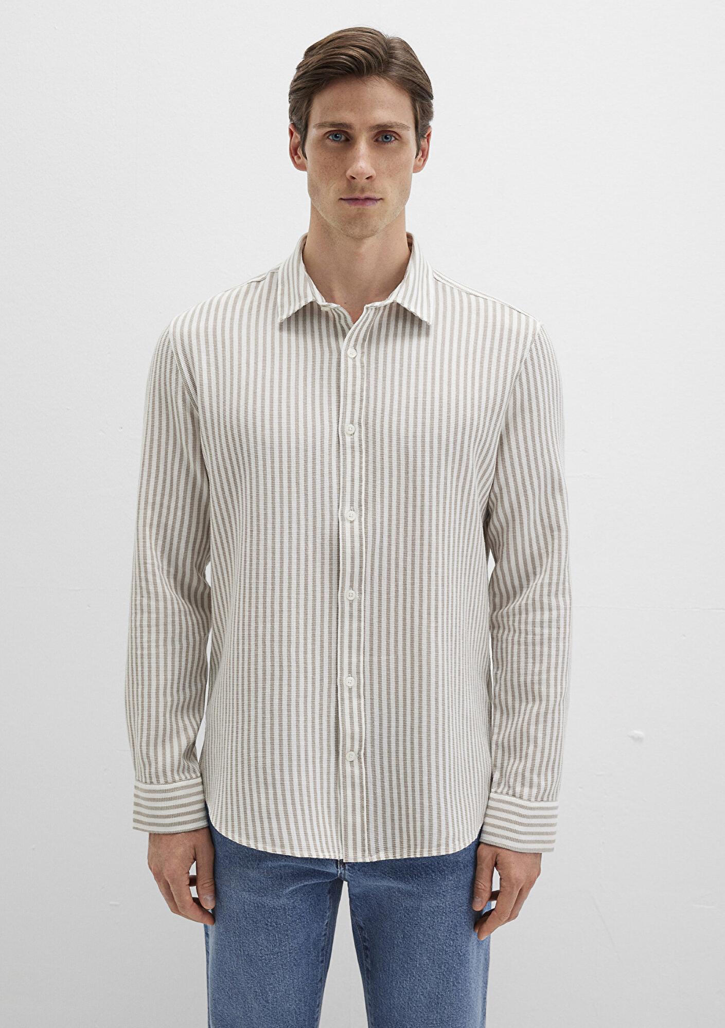 Mavi Çizgili Bej Gömlek Slim Fit / Dar Kesim 0211692-90940