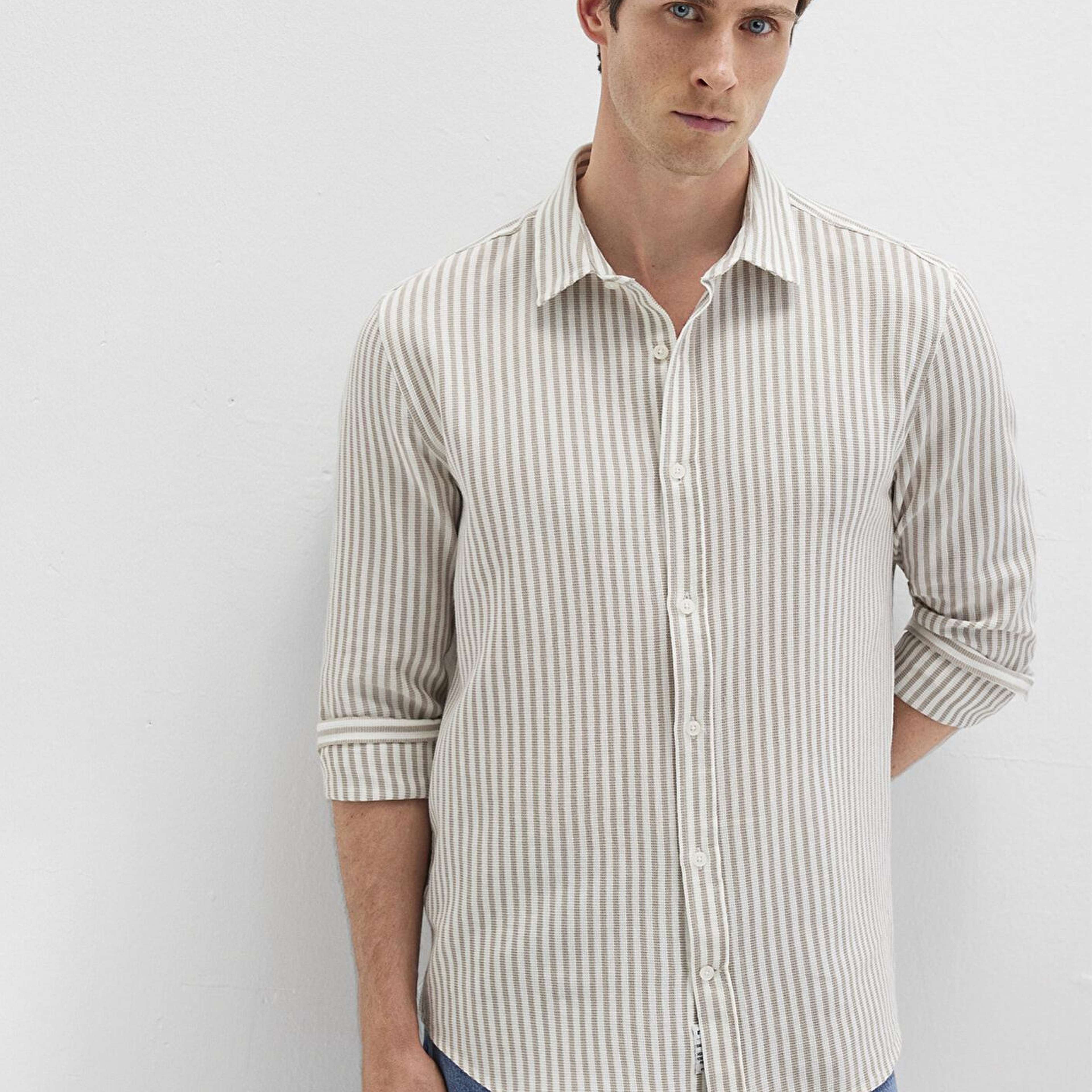 Mavi Çizgili Bej Gömlek Slim Fit / Dar Kesim 0211692-90940