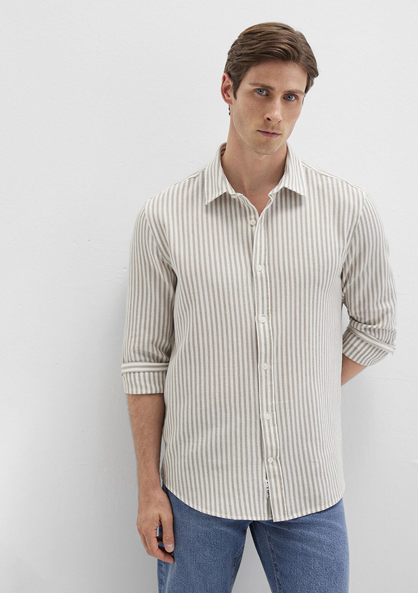 Mavi Çizgili Bej Gömlek Slim Fit / Dar Kesim 0211692-90940