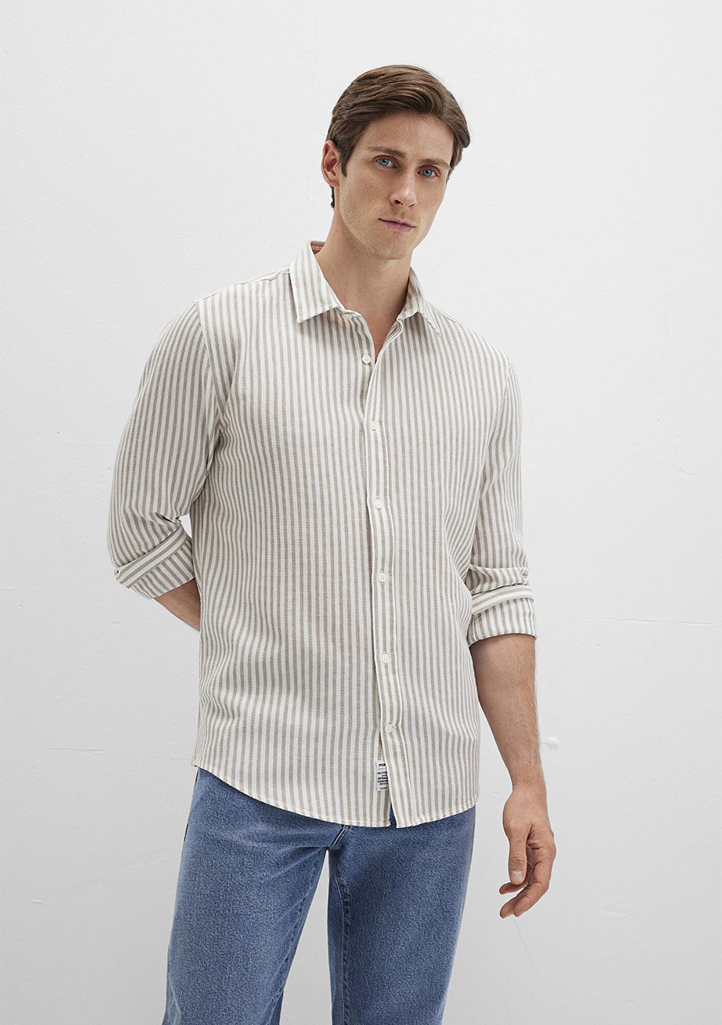 Mavi Çizgili Bej Gömlek Slim Fit / Dar Kesim 0211692-90940