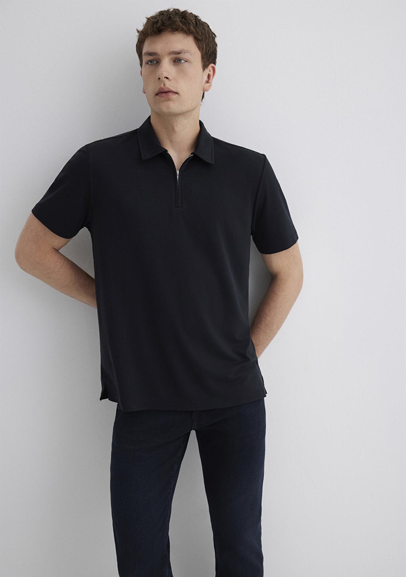 Mavi Yarı Fermuarlı Siyah (TENCEL™) Polo Tişört Regular Fit / Normal Kesim 0613007-900