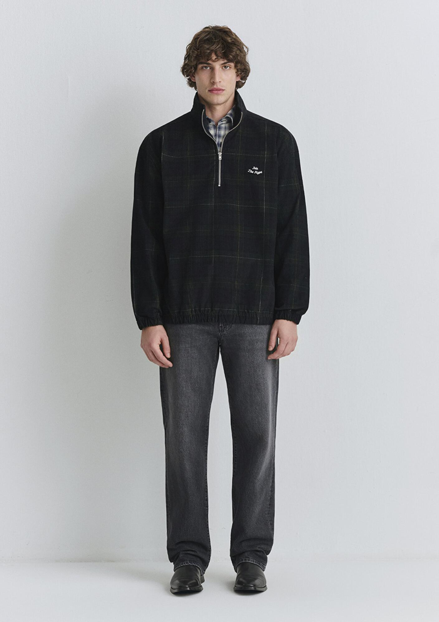 Mavi Yarı Fermuarlı Kareli Siyah Sweatshirt 0211777-91298